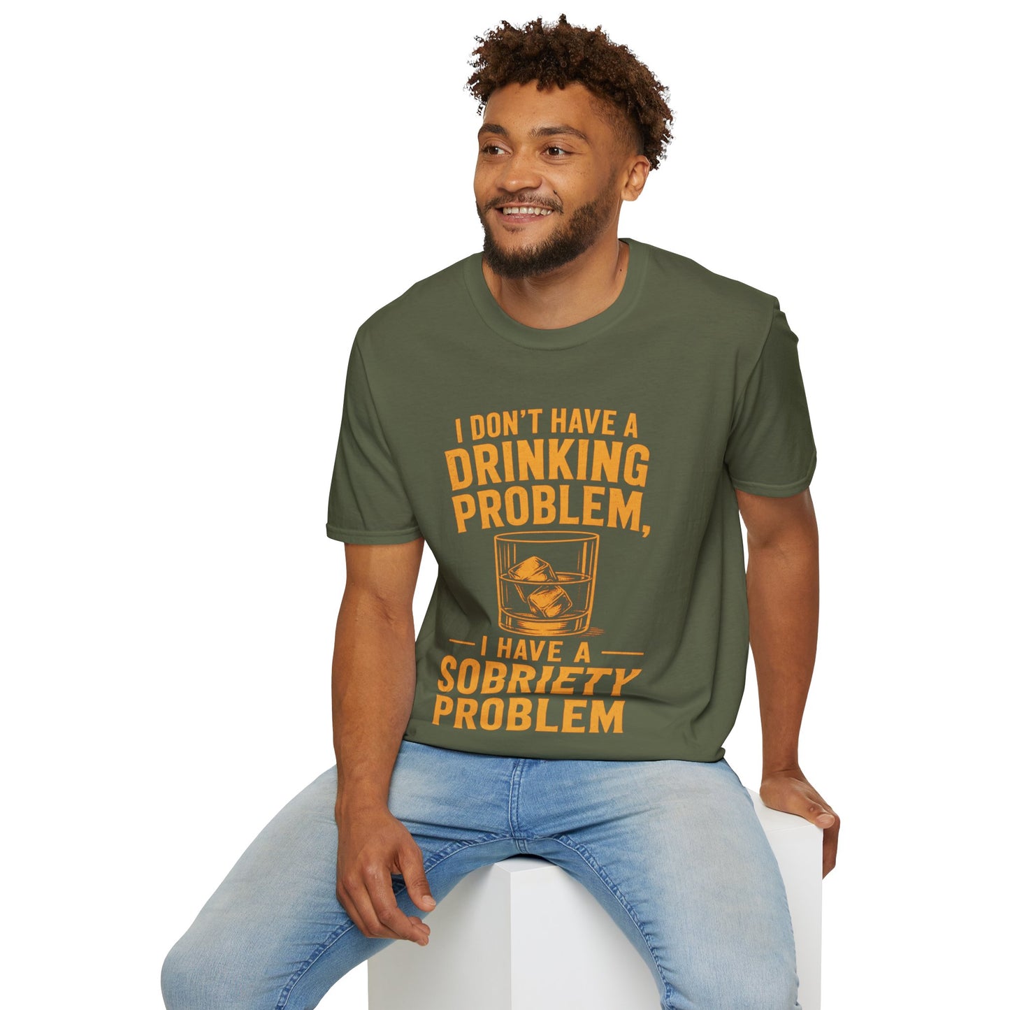 I Don't Have a Drinking Problem Shirt, Military Green olive, worn by a model seated on a white block