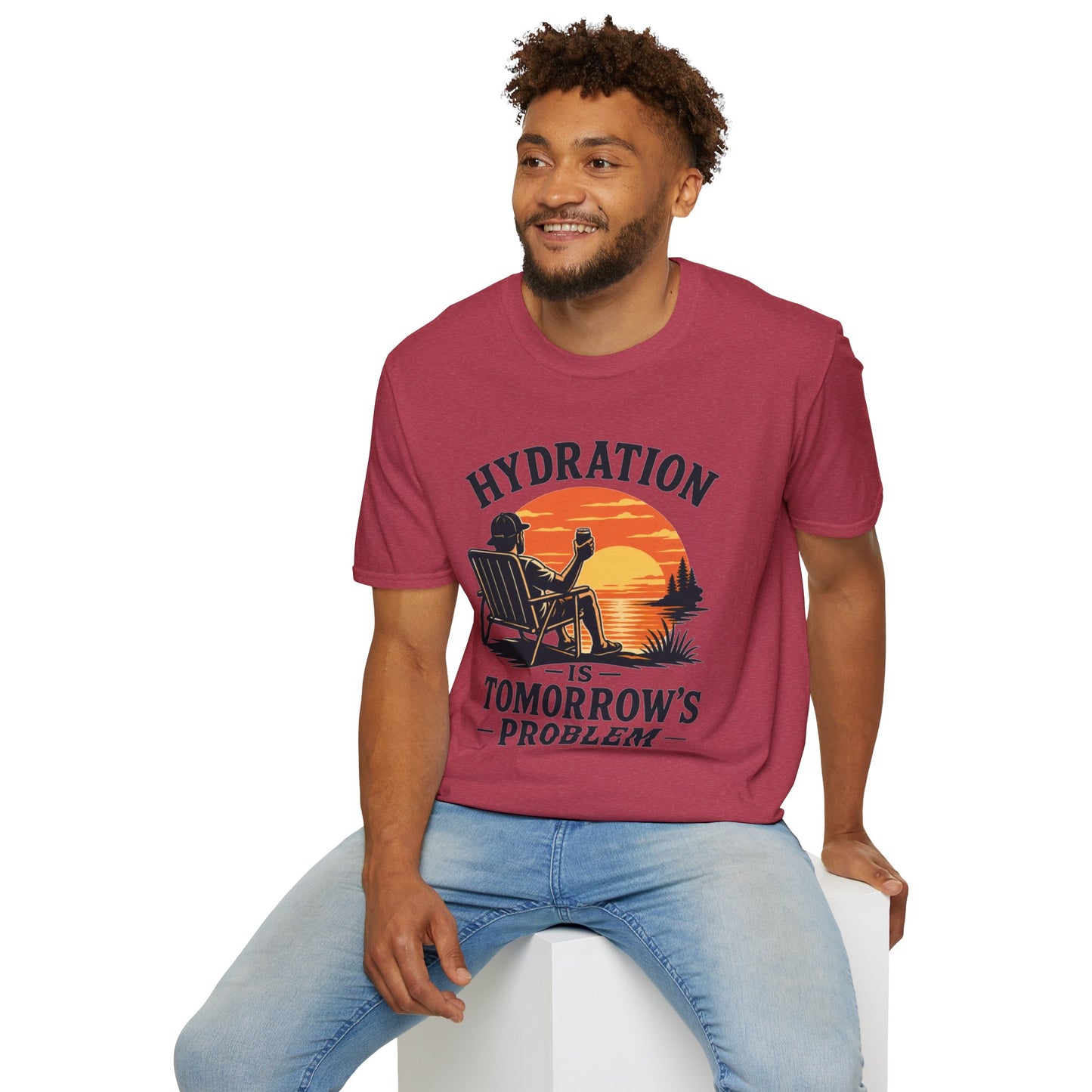 Hydration Is Tomorrow's Problem Shirt, Heather Cardinal red, worn by a model seated on a white block