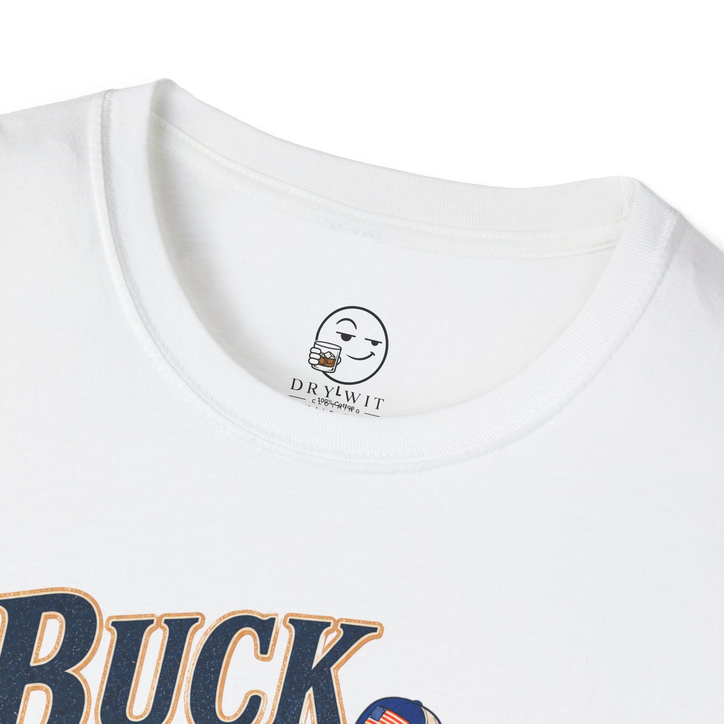 Retro cartoon t-shirt graphic of the Dry Wit dad mascot in hunting gear with a rifle, text reading Buck Fever Outfitters