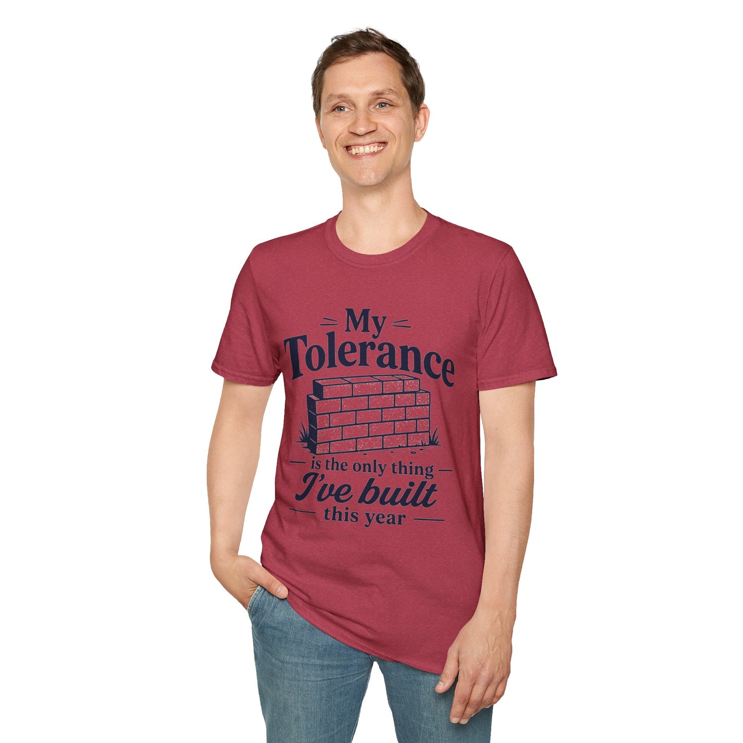 My Tolerance Is the Only Thing I've Built, Heather Cardinal red, worn by a standing model with one hand in their pocket