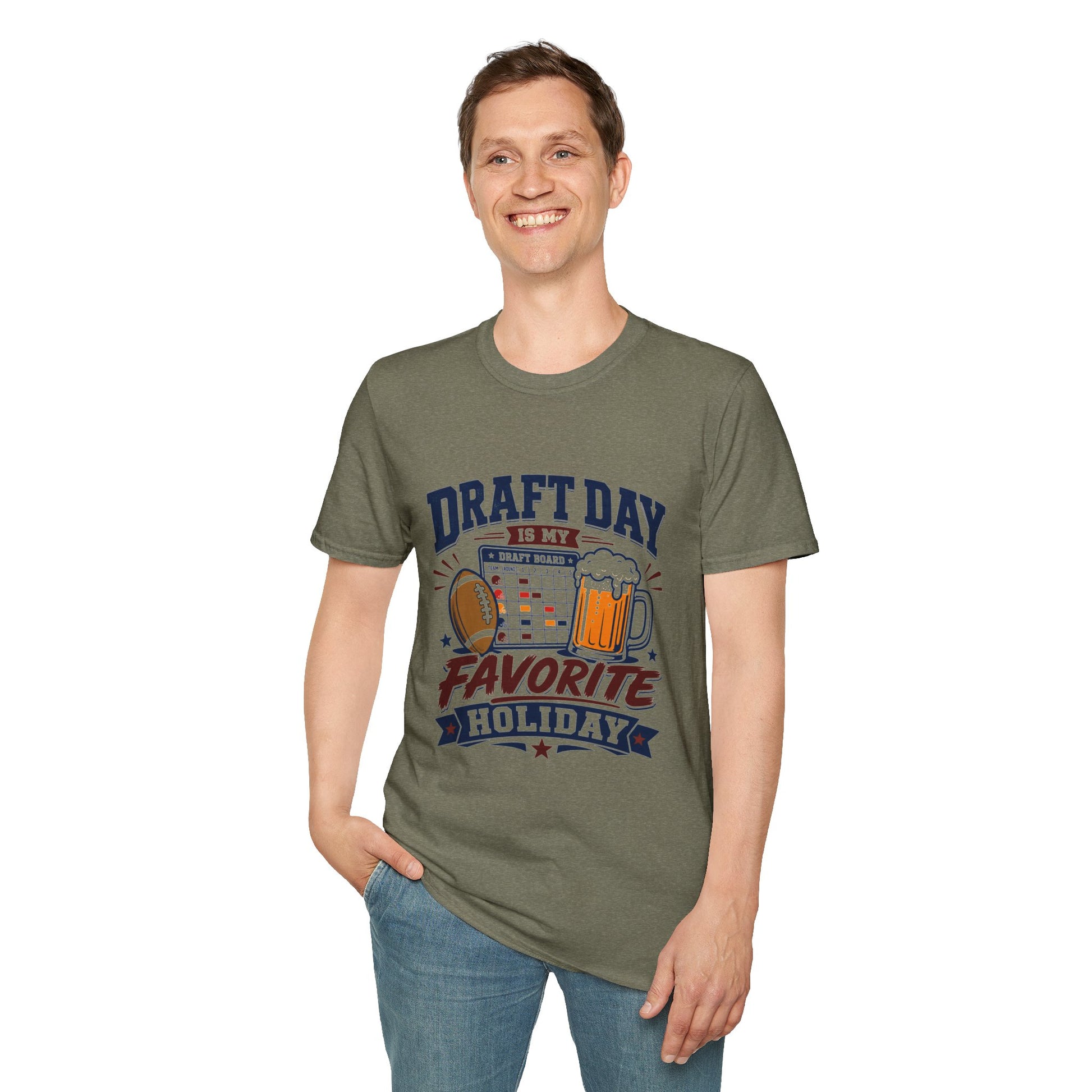 T-shirt design with navy Draft Day text, a fantasy football draft board grid, football, and foaming beer mug graphic, banner reading Favorite Holiday
