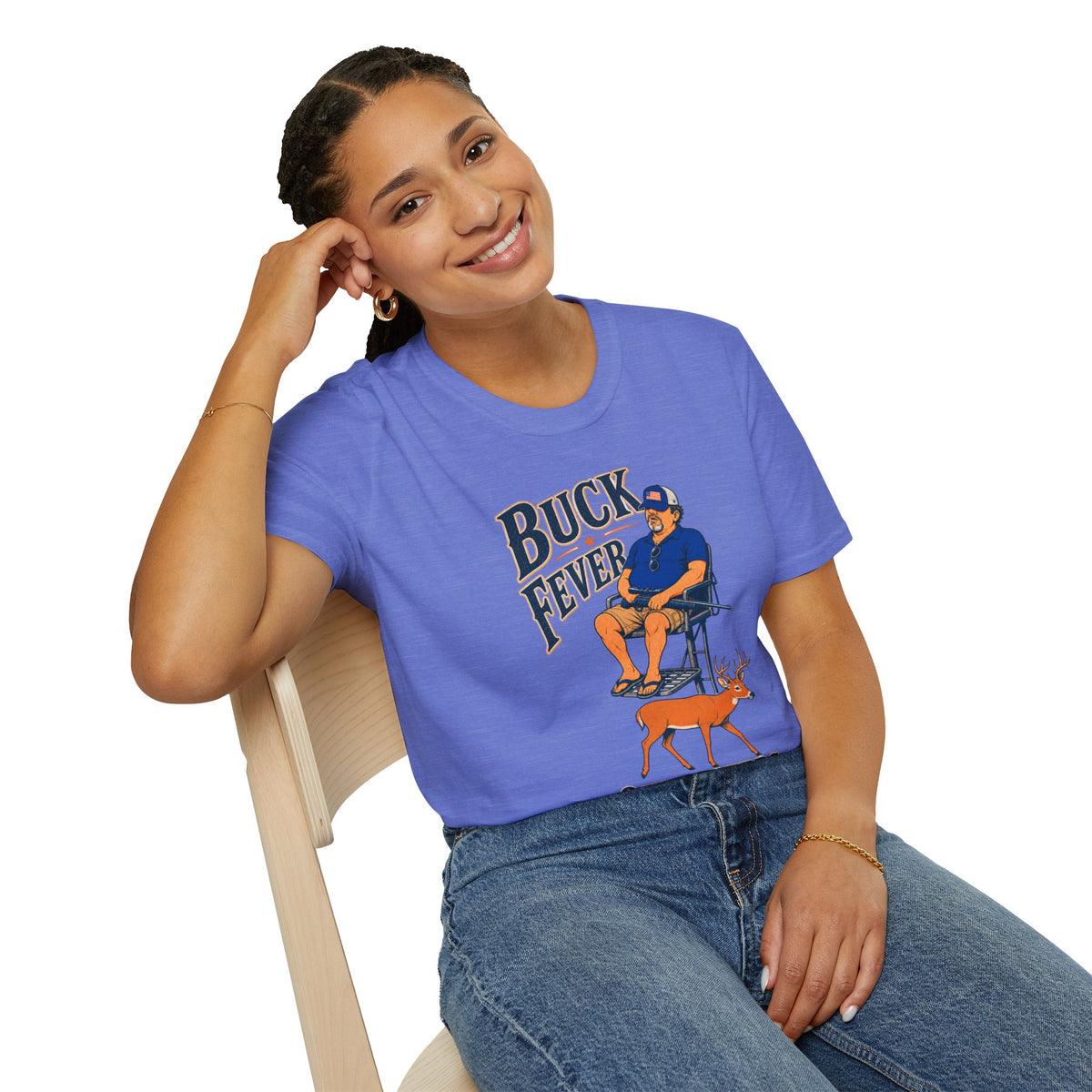 Buck Fever Outfitters Shirt, Heather Royal blue, worn by a model seated on a wooden chair