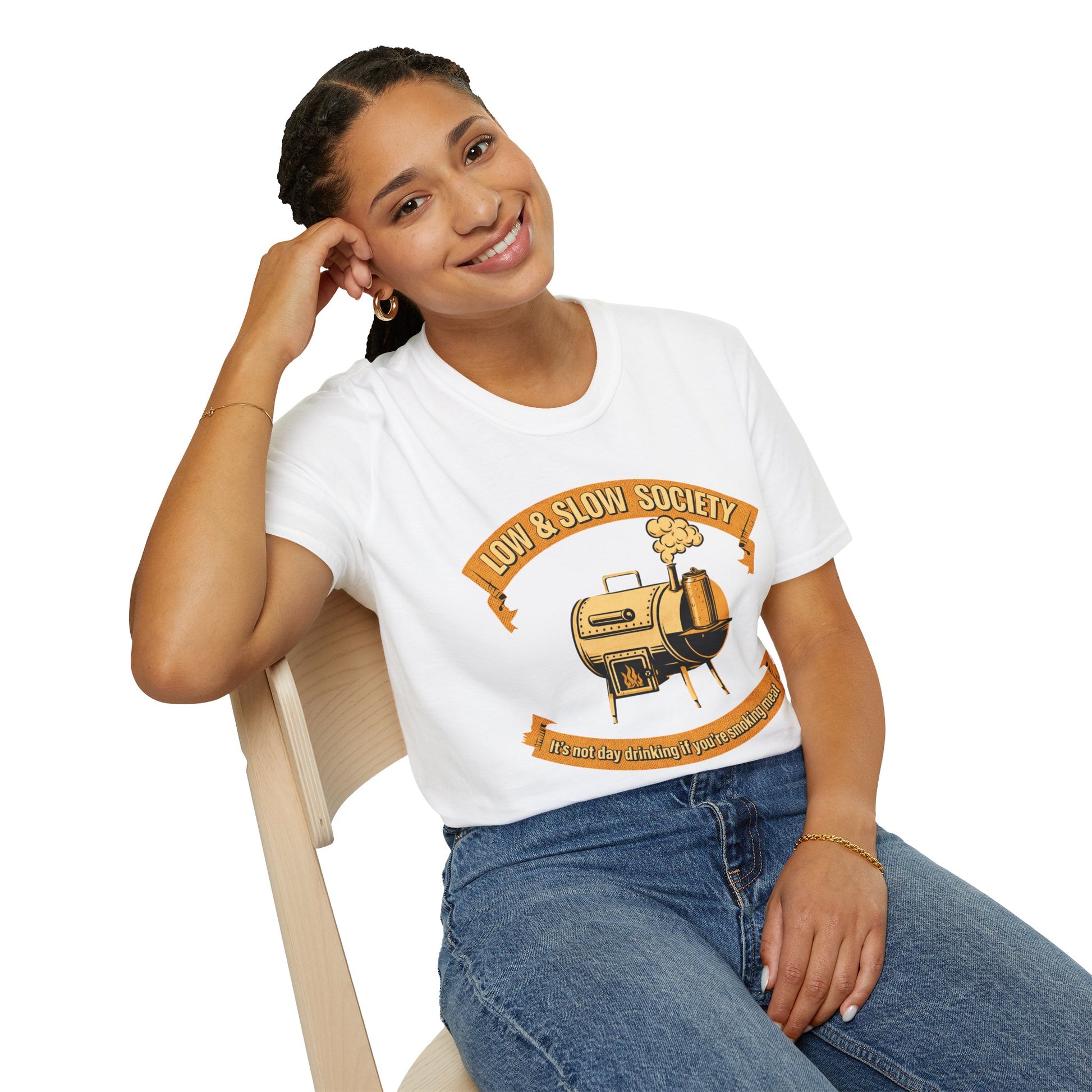 Low & Slow Society Shirt, White, worn by a model seated on a wooden chair