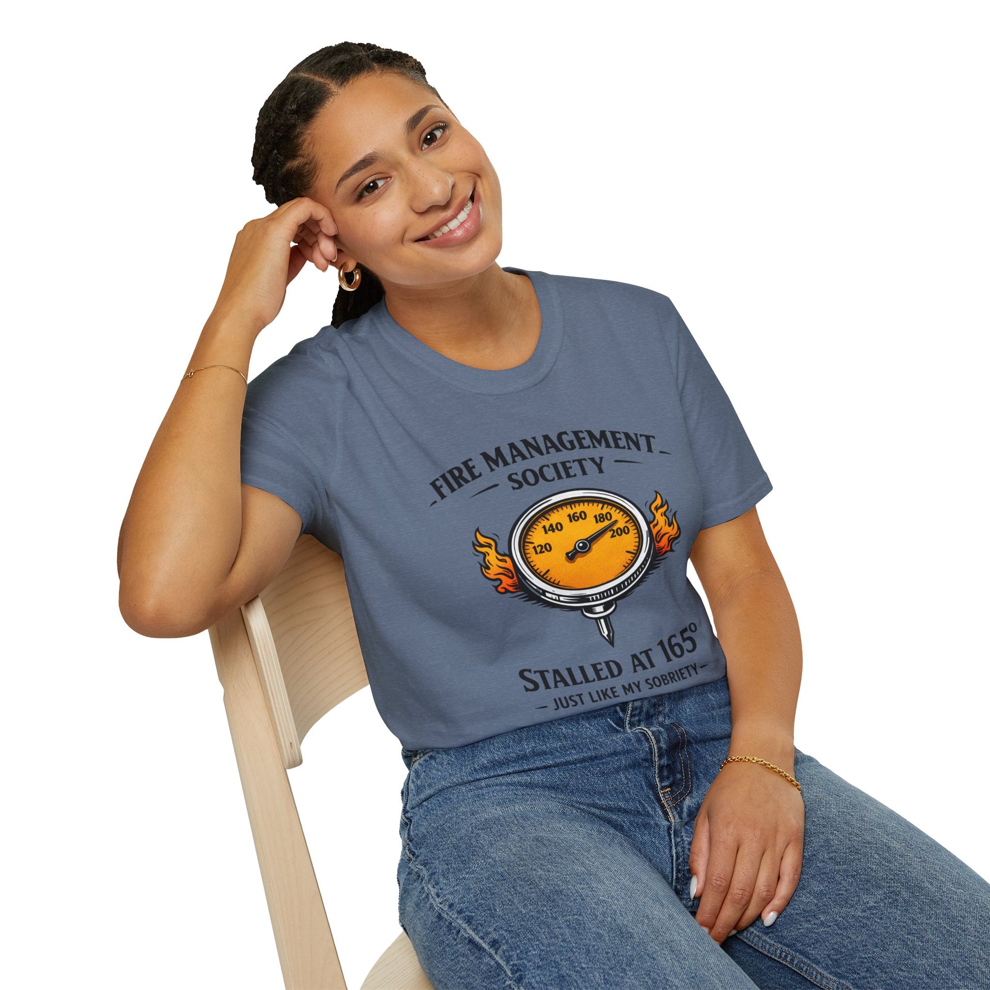 Fire Management Society Shirt, Heather Indigo slate blue, worn by a model seated on a wooden chair