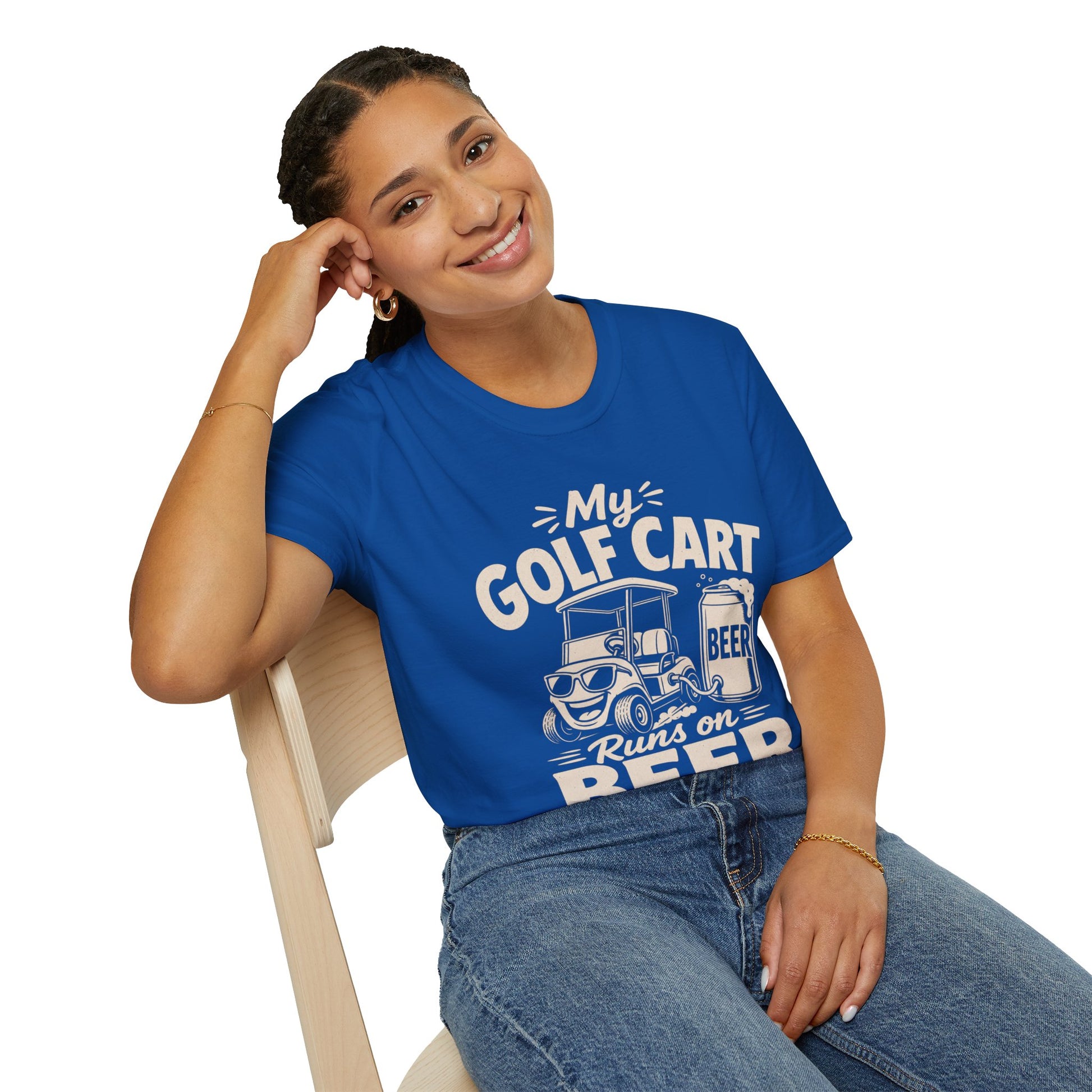 My Golf Cart Runs on Beer Shirt, Royal, worn by a model seated on a wooden chair