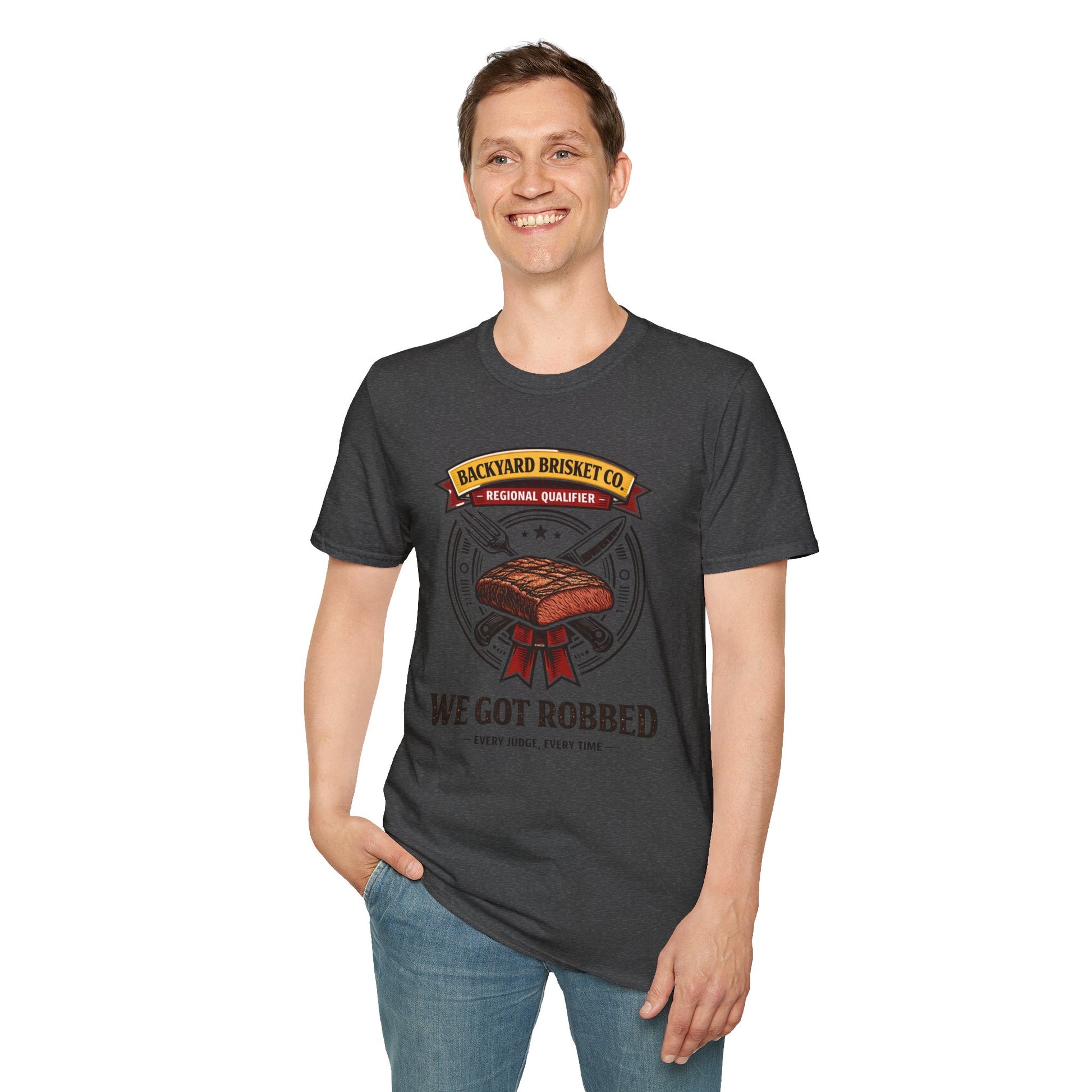 Backyard Brisket Co. Shirt, Dark Heather charcoal, worn by a standing model with one hand in their pocket