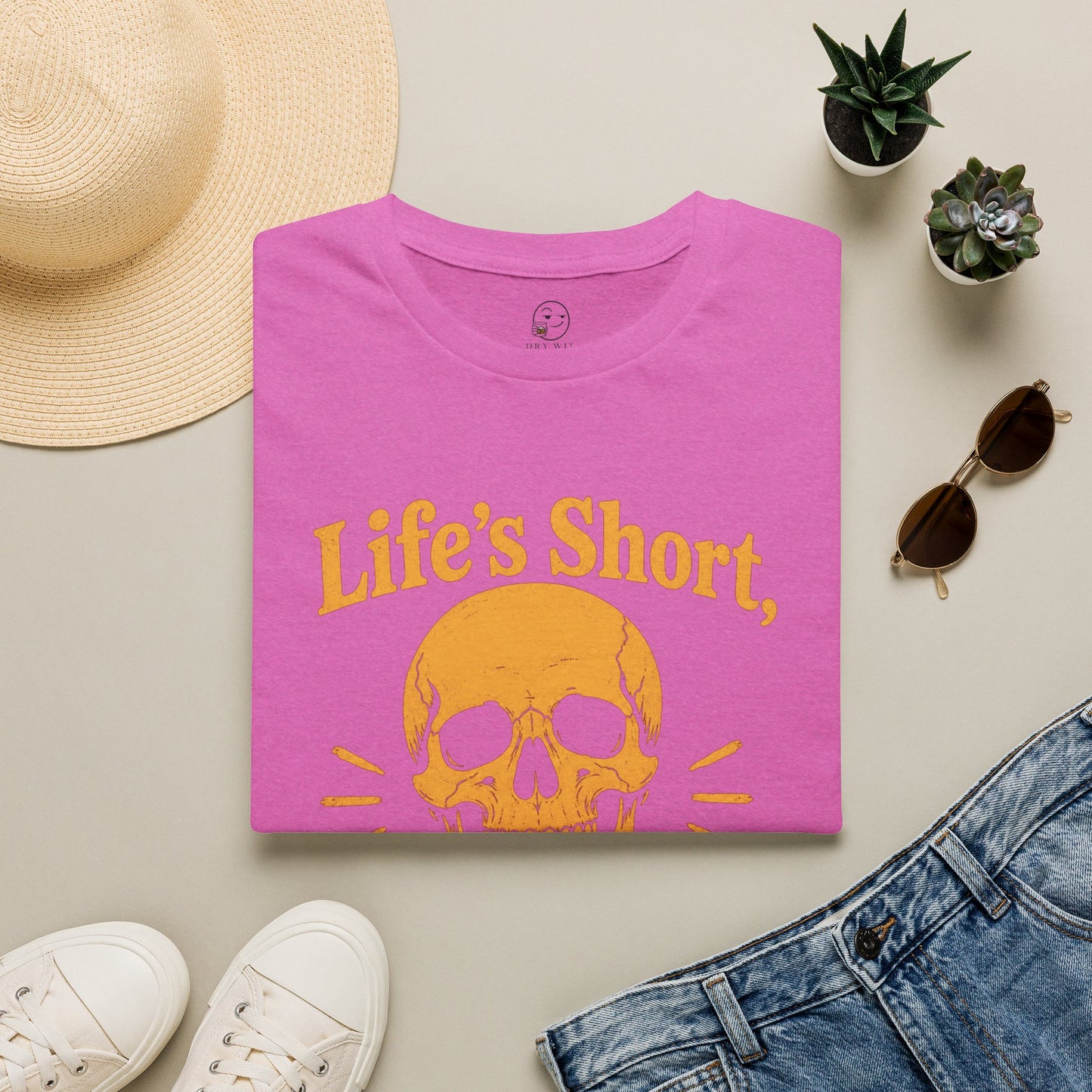 Life's Short, Smile While You Have Teeth Shirt, Heather Berry pink, folded flat lay styled with a straw hat, sunglasses, sneakers and denim