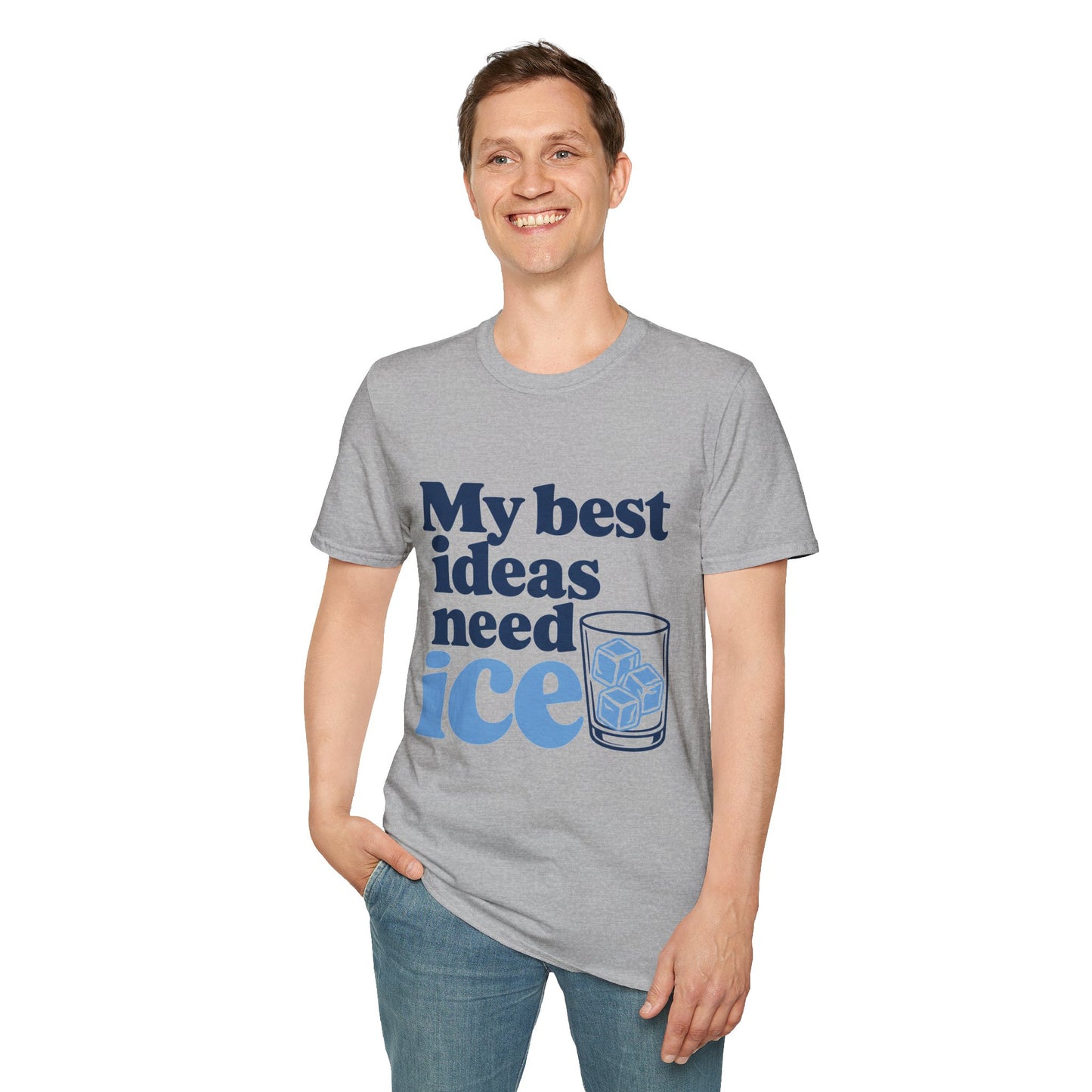 My Best Ideas Need Ice Shirt, Sport Grey, worn by a standing model with one hand in their pocket