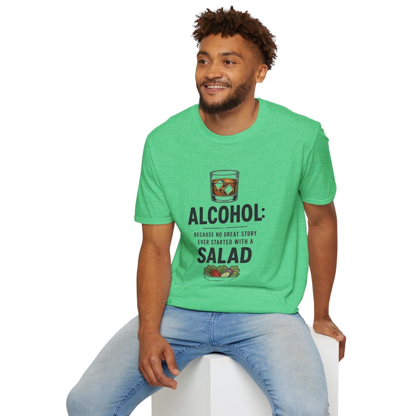No Great Story Started With a Salad Shirt, Heather Irish Green mint, worn by a model seated on a white block