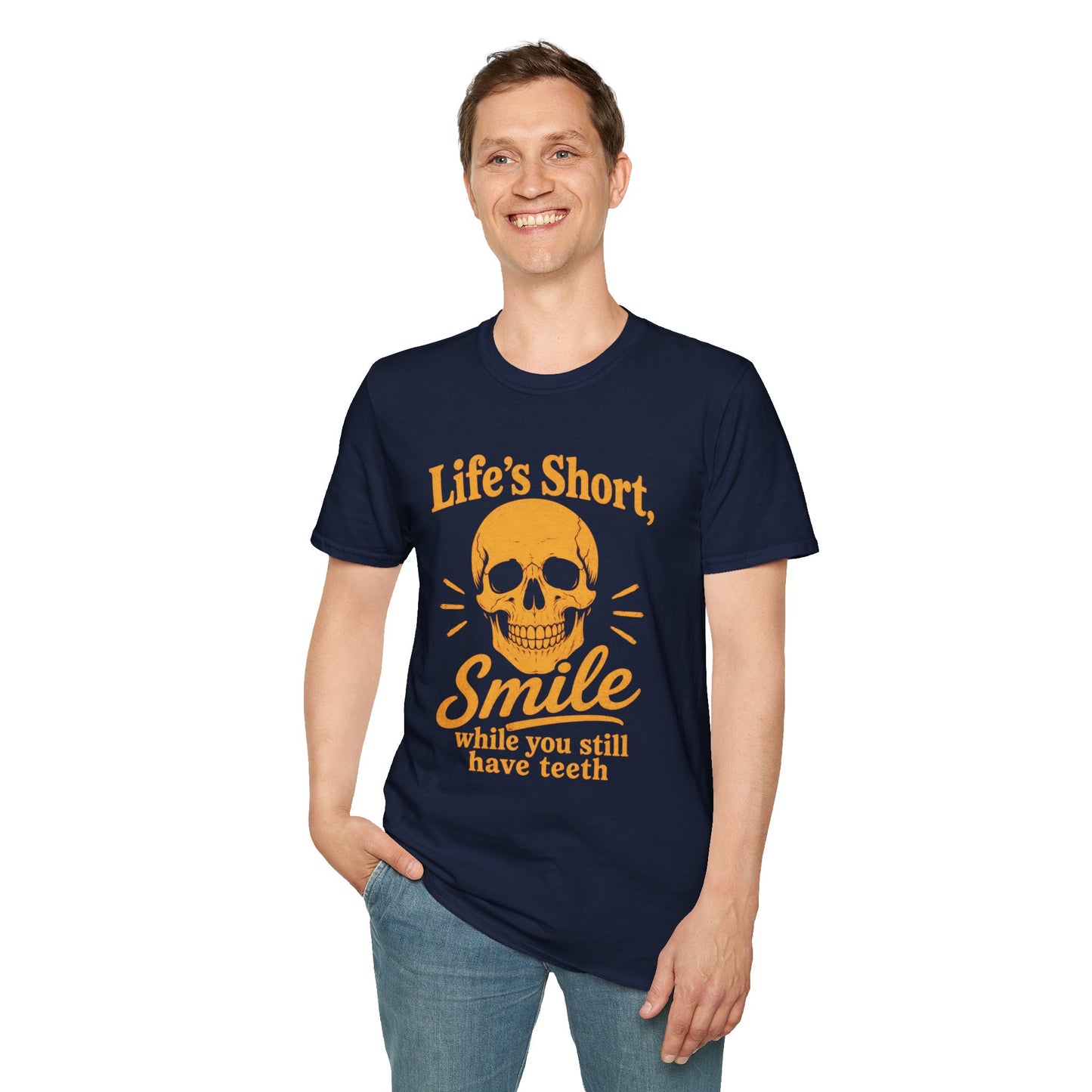 Life's Short, Smile While You Have Teeth Shirt, Navy, worn by a standing model with one hand in their pocket