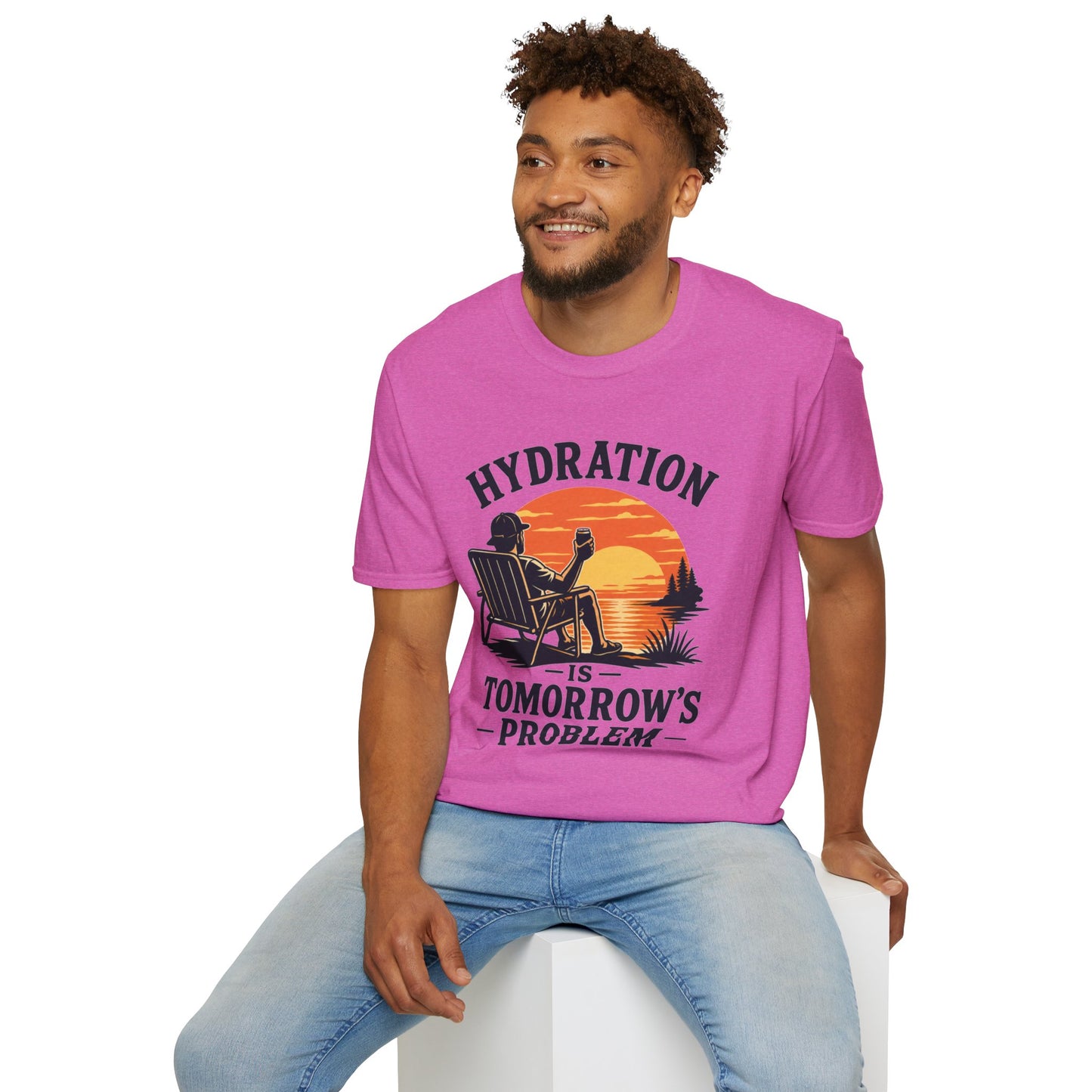 Hydration Is Tomorrow's Problem Shirt, Heather Berry pink, worn by a model seated on a white block