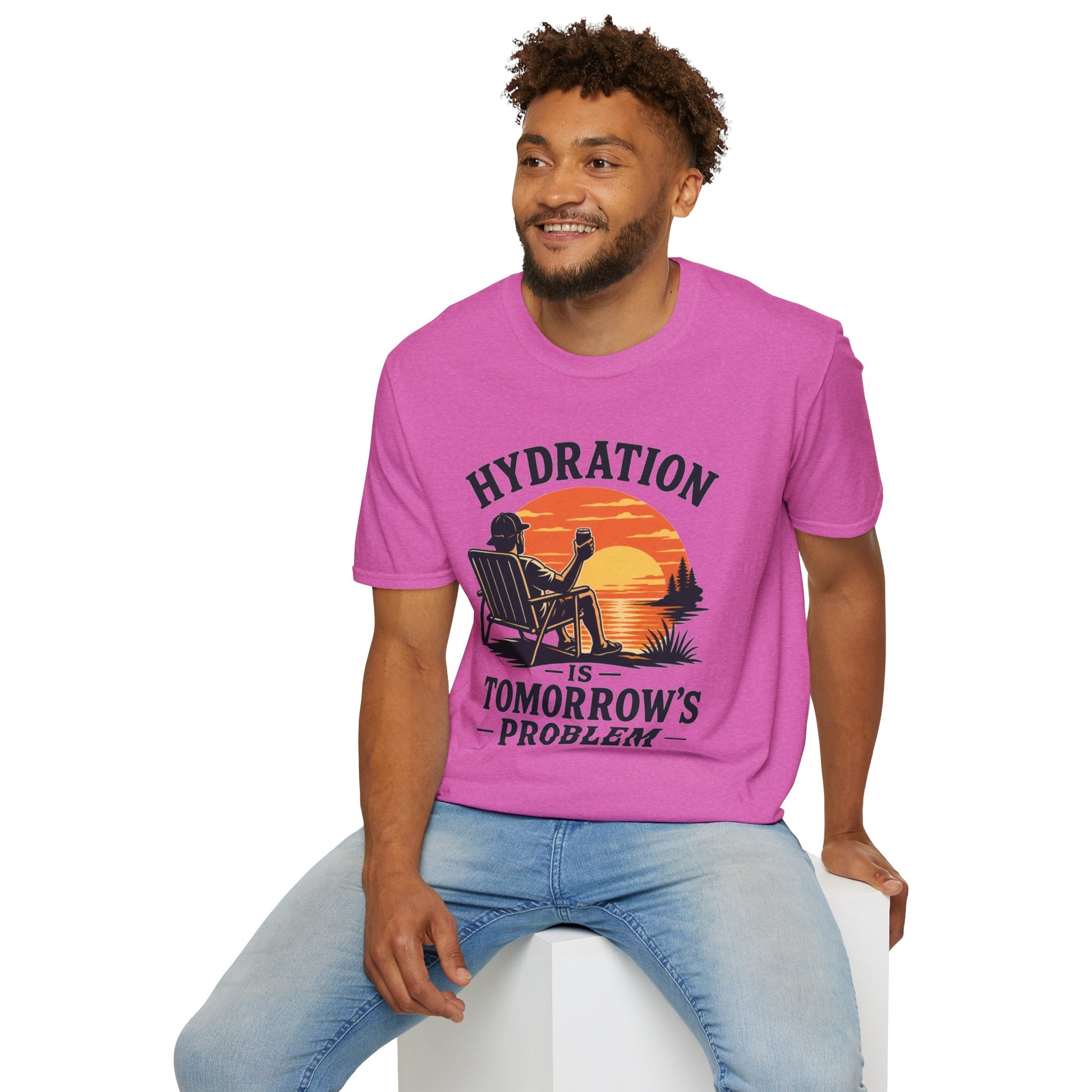 Hydration Is Tomorrow's Problem Shirt, Heather Berry pink, worn by a model seated on a white block