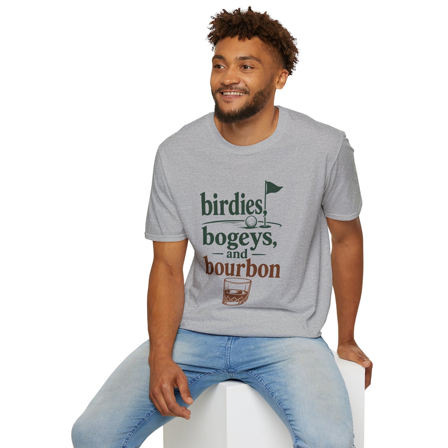 Birdies, Bogeys, and Bourbon Shirt, Sport Grey, worn by a model seated on a white block