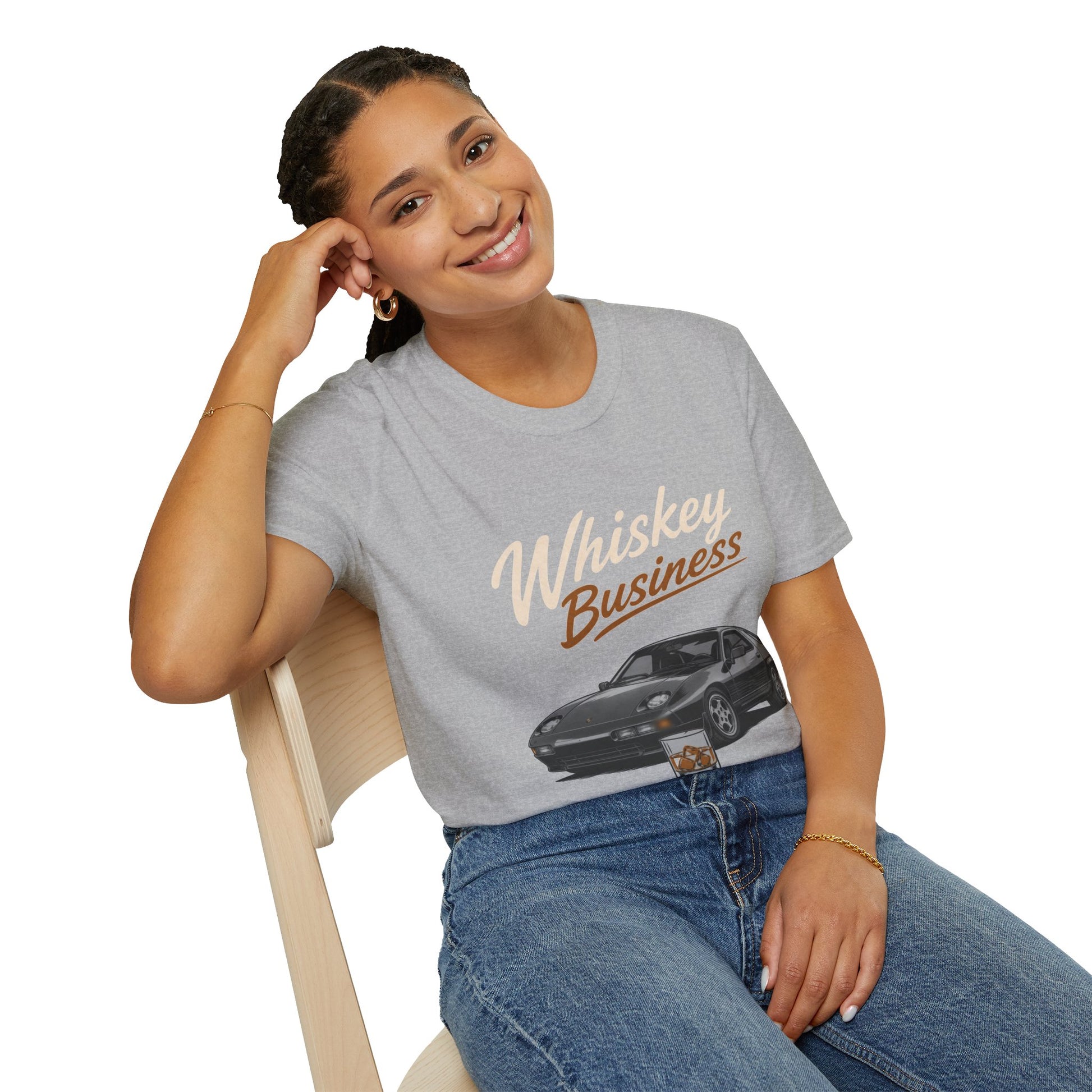 Whiskey Business Shirt, Sport Grey, worn by a model seated on a wooden chair