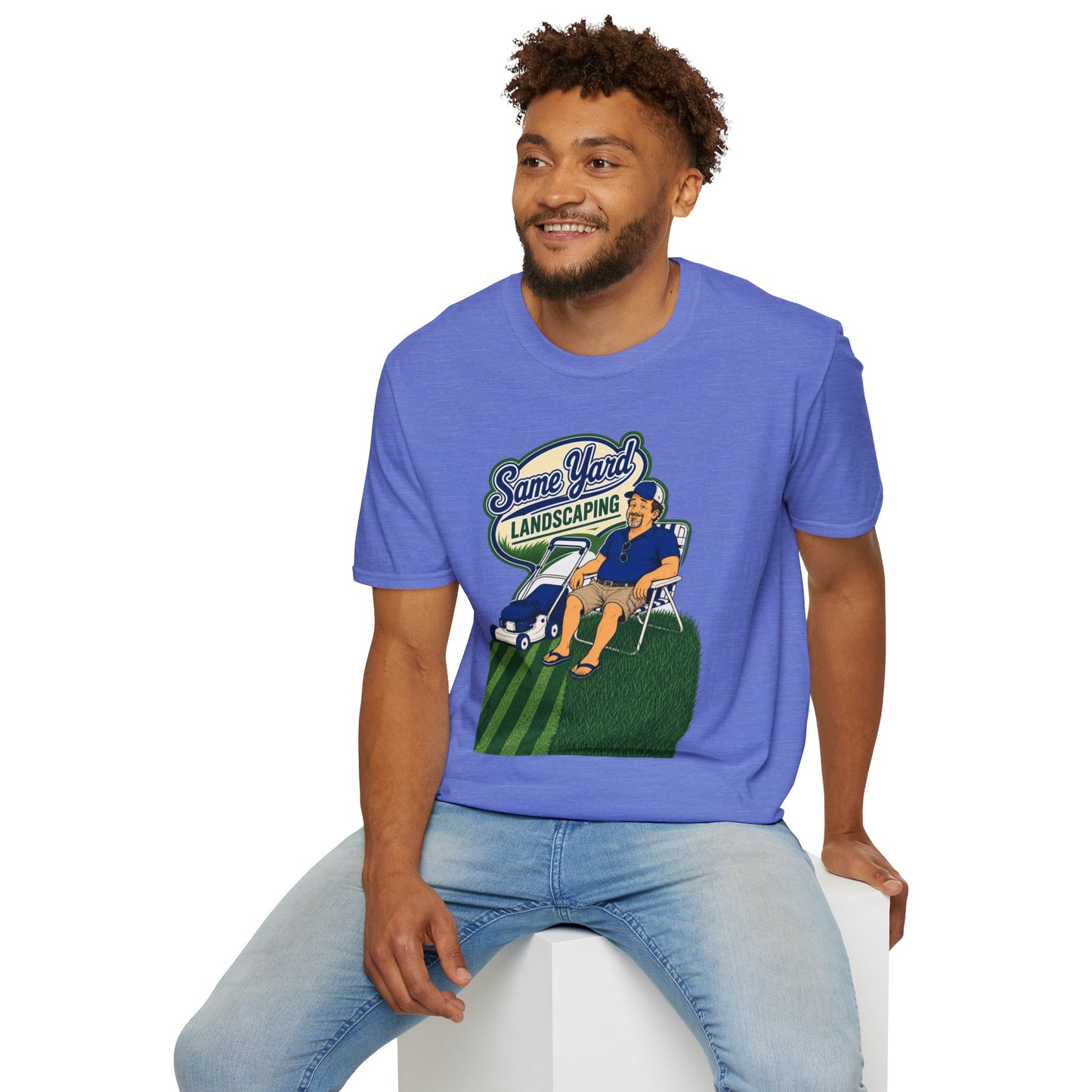 Retro cartoon t-shirt graphic of the Dry Wit dad mascot with a beer beside a lawn mower and grass stripes, text reading Same Yard Landscaping