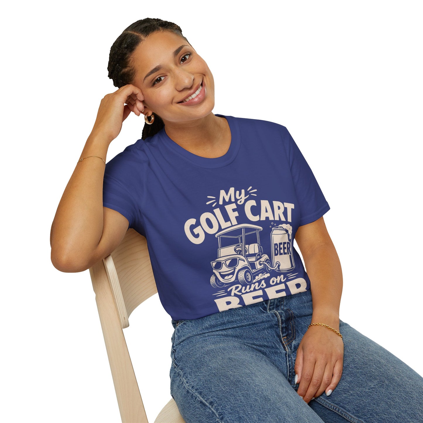 My Golf Cart Runs on Beer Shirt, Metro Blue, worn by a model seated on a wooden chair