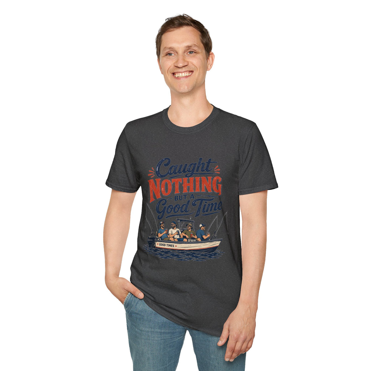 Caught Nothing But a Good Time Shirt, Dark Heather charcoal, worn by a standing model with one hand in their pocket