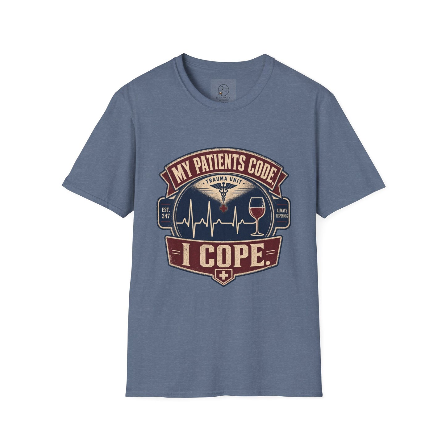 Vintage badge t-shirt graphic of an EKG heartbeat line transitioning into a wine glass shape with a small caduceus icon, text reading My Patients Code, I Cope
