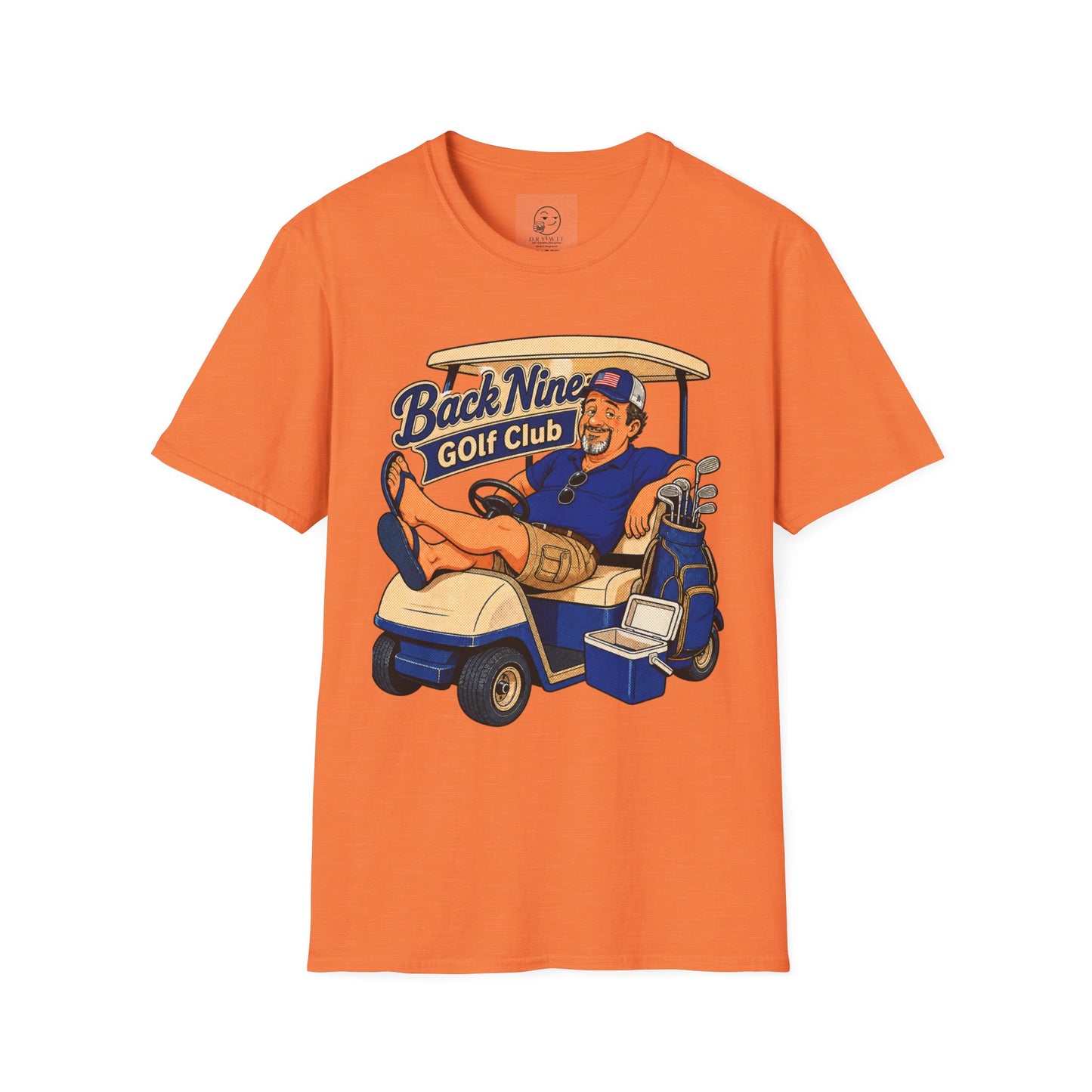 Retro country club-style t-shirt graphic of the Dry Wit dad mascot in a golf cart with a cooler, text reading Back Nine Golf Club