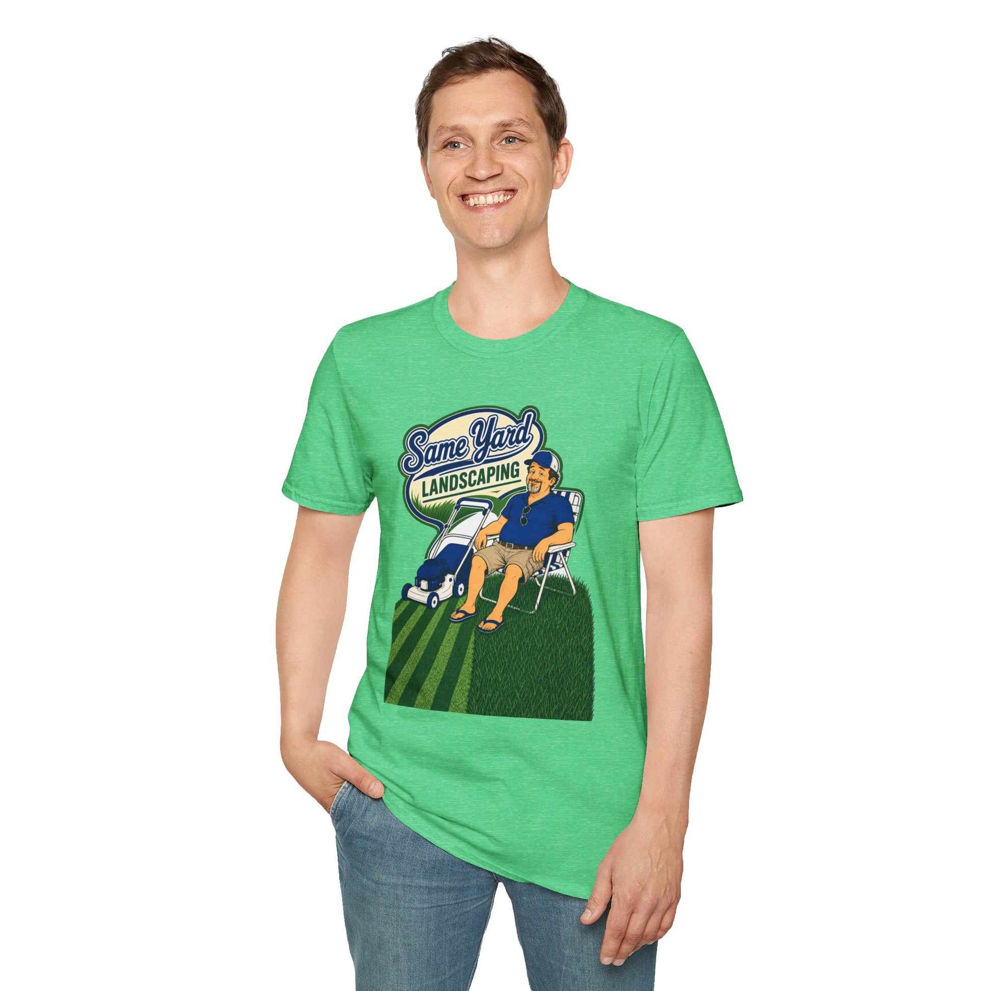 Retro cartoon t-shirt graphic of the Dry Wit dad mascot with a beer beside a lawn mower and grass stripes, text reading Same Yard Landscaping