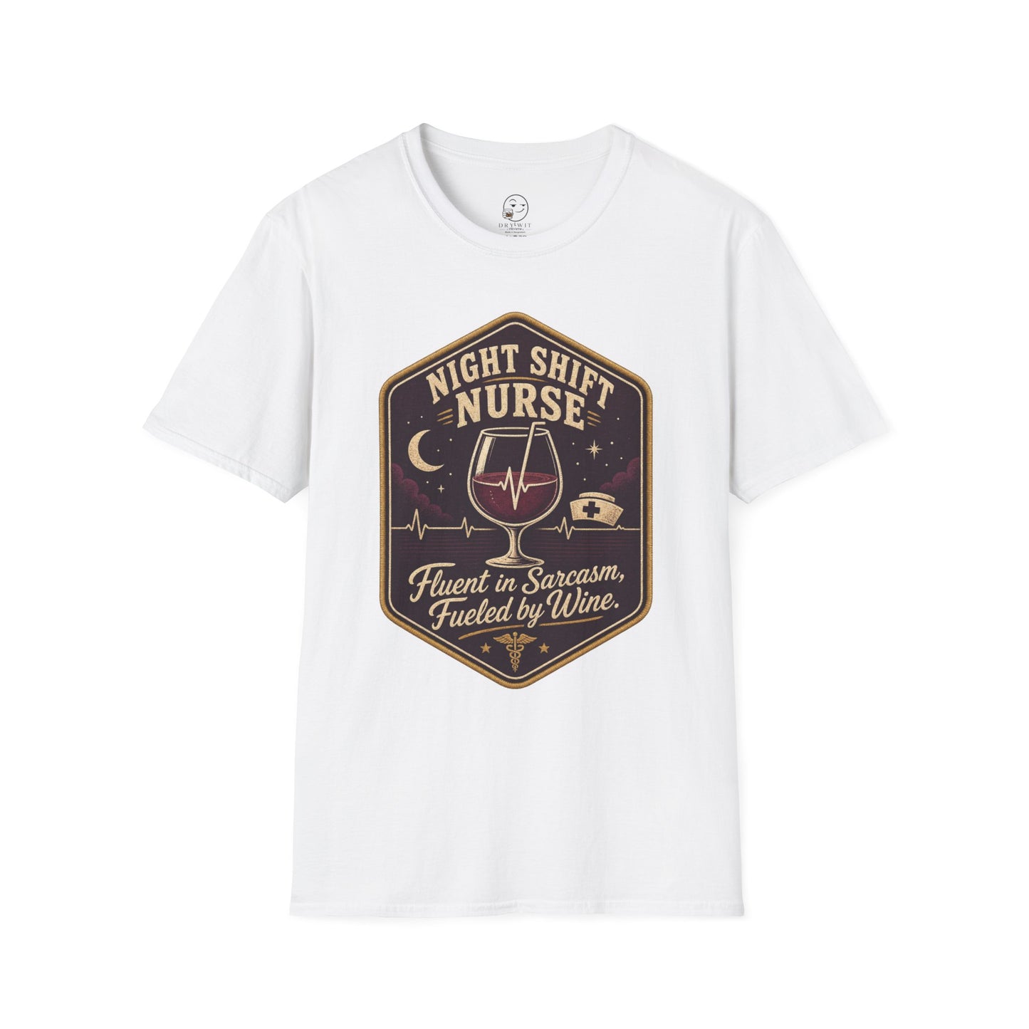 Hexagonal vintage badge t-shirt graphic of a wine glass with a heartbeat line running through it like a straw, text reading Night Shift Nurse, Fluent In Sarcasm, Fueled By Wine