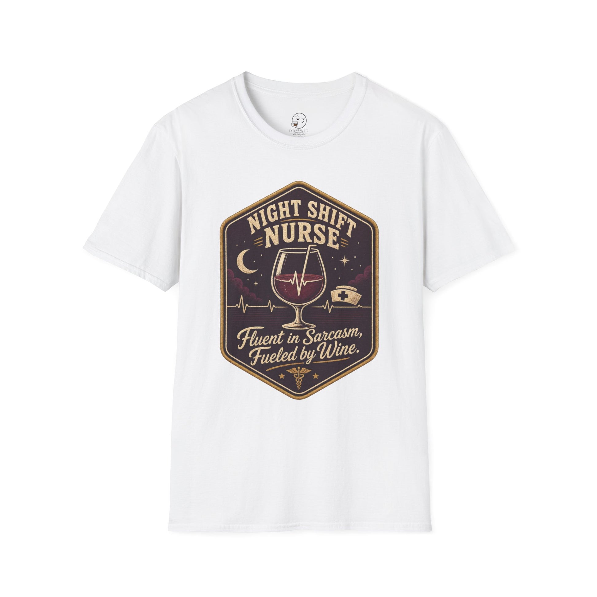 Hexagonal vintage badge t-shirt graphic of a wine glass with a heartbeat line running through it like a straw, text reading Night Shift Nurse, Fluent In Sarcasm, Fueled By Wine
