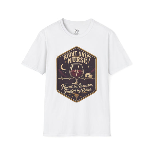 Hexagonal vintage badge t-shirt graphic of a wine glass with a heartbeat line running through it like a straw, text reading Night Shift Nurse, Fluent In Sarcasm, Fueled By Wine