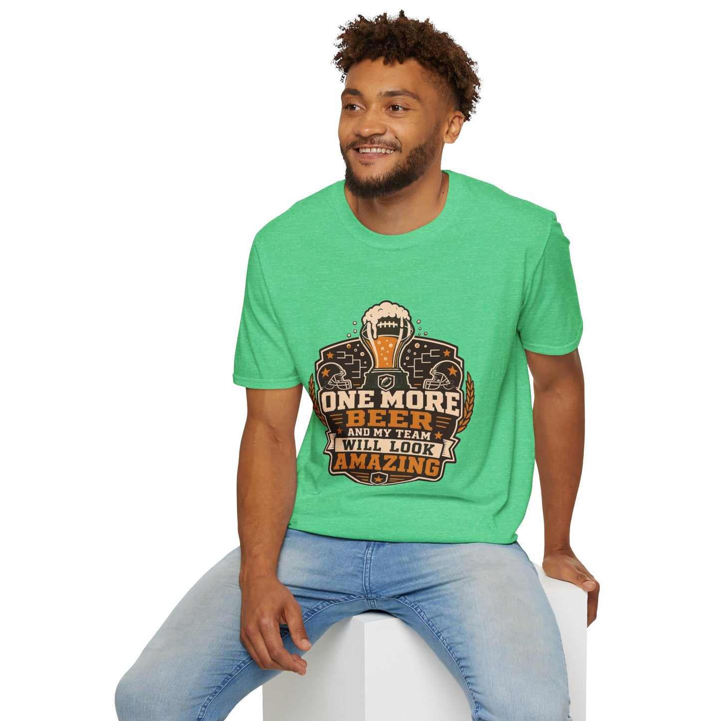 T-shirt design with maroon and amber badge, football-topped beer trophy, football helmets, and bracket graphics, text reading One More Beer And My Team Will Look Amazing
