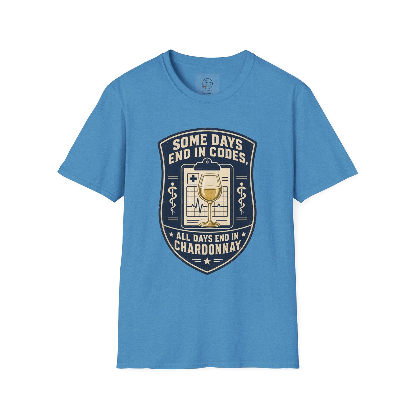 Shield-shaped vintage badge t-shirt graphic of a clipboard with a wine glass resting on top, text reading Some Days End In Codes, All Days End In Chardonnay