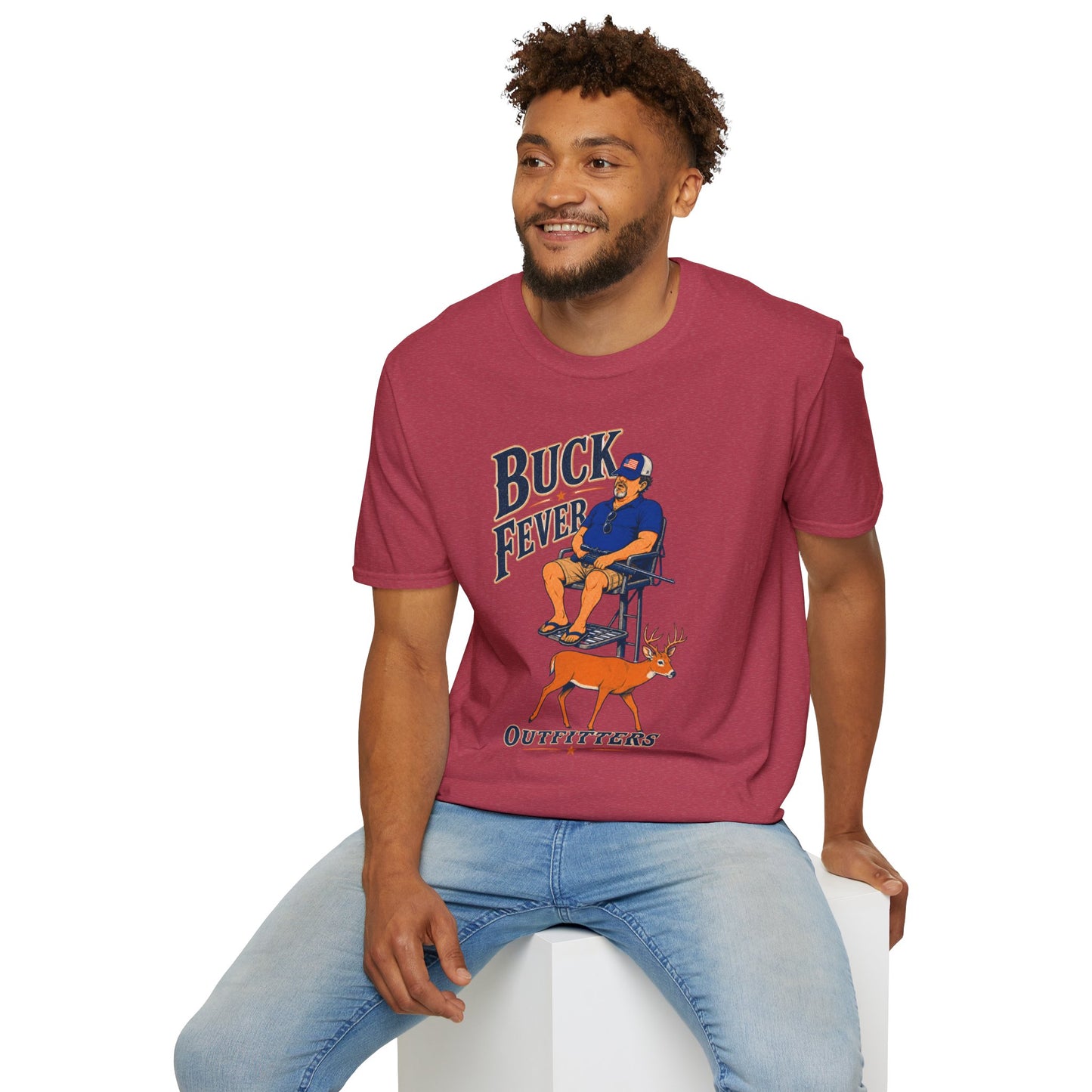 Retro cartoon t-shirt graphic of the Dry Wit dad mascot in hunting gear with a rifle, text reading Buck Fever Outfitters
