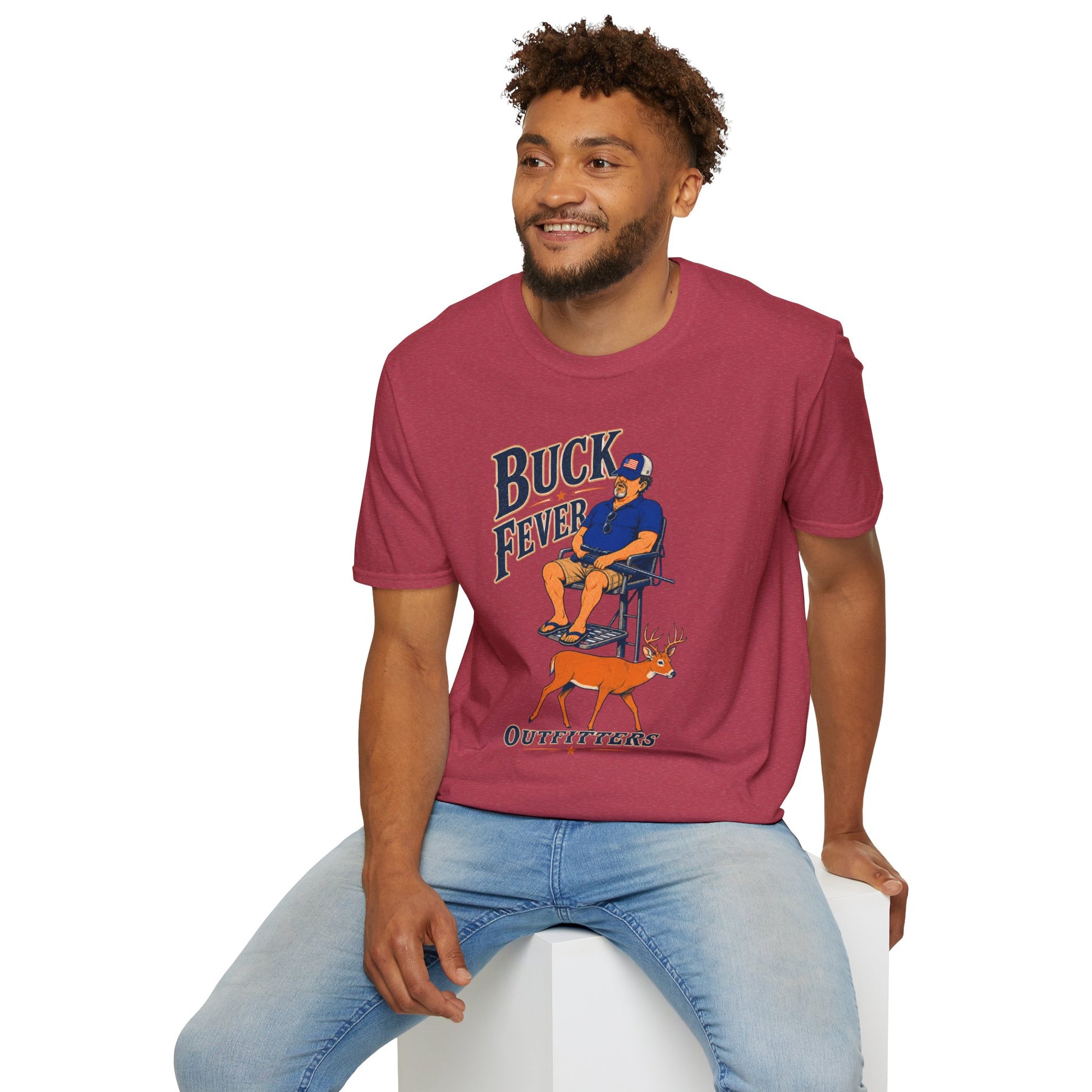 Retro cartoon t-shirt graphic of the Dry Wit dad mascot in hunting gear with a rifle, text reading Buck Fever Outfitters