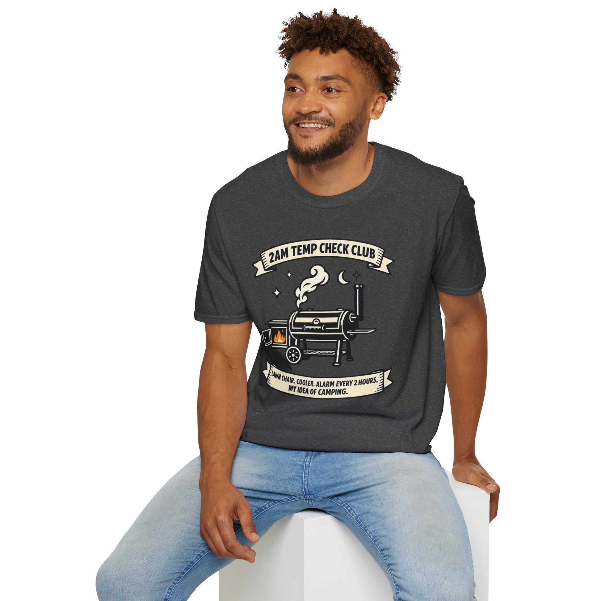 2AM Temp Check Club Shirt, Dark Heather charcoal, worn by a model seated on a white block