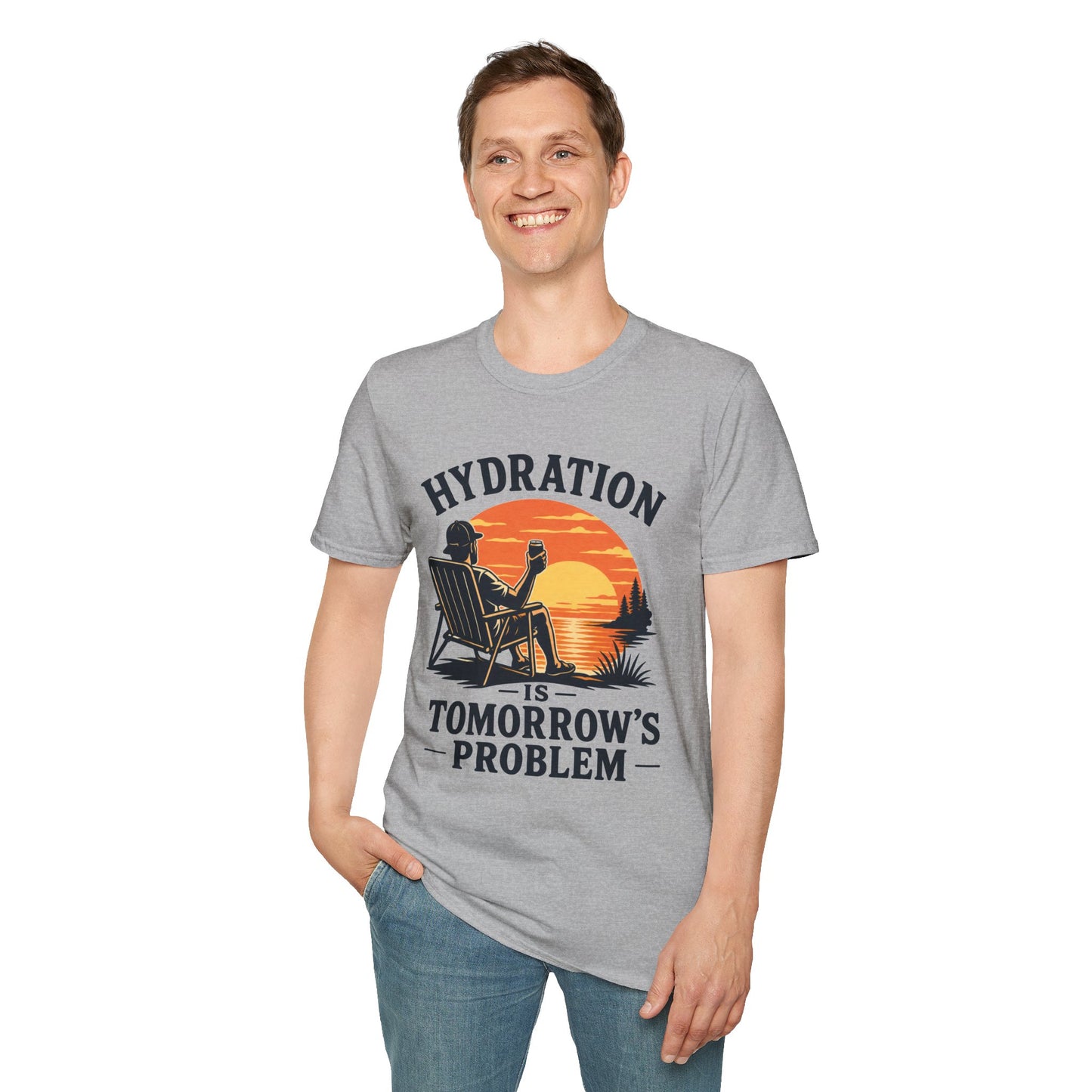 Hydration Is Tomorrow's Problem Shirt, Sport Grey, worn by a standing model with one hand in their pocket
