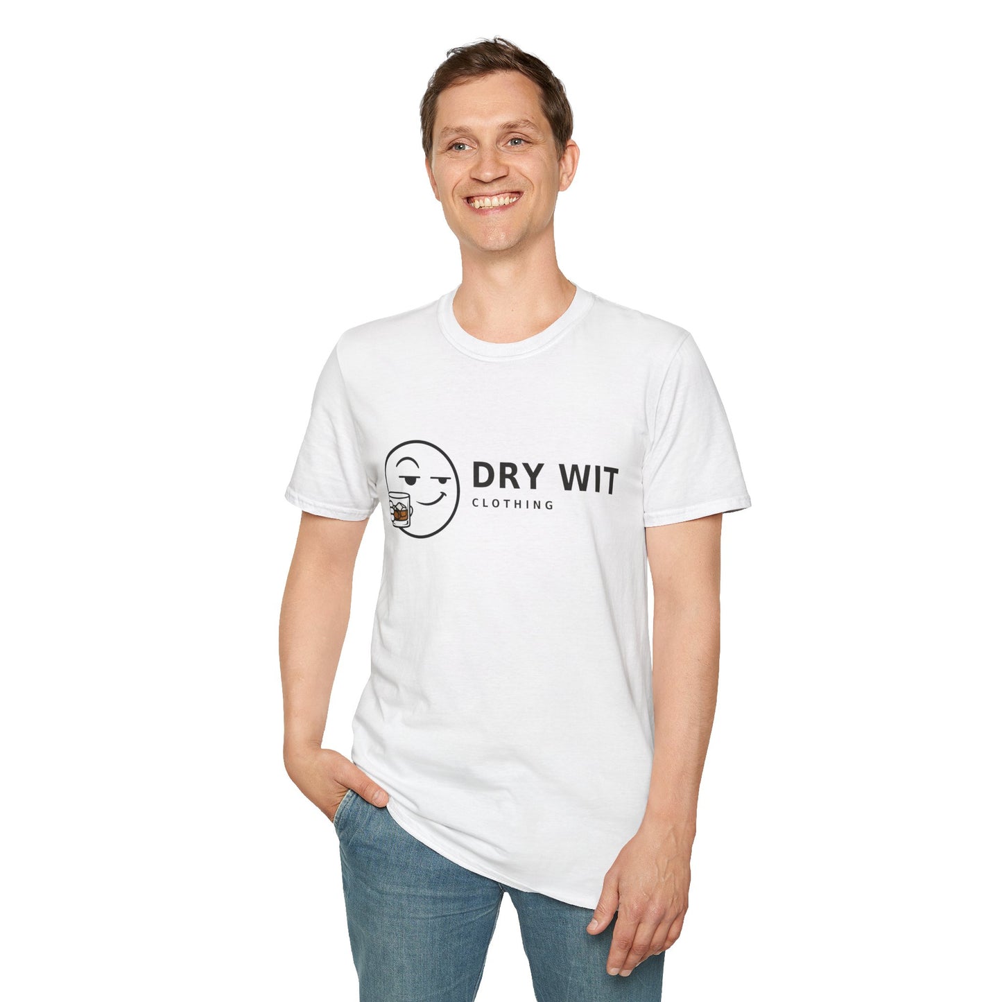 Dry Wit Logo Shirt, White, worn by a standing model with one hand in their pocket