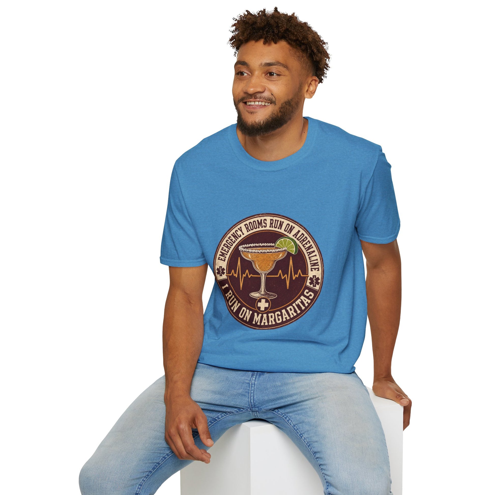 Circular vintage badge t-shirt graphic of a margarita glass with a salted rim and lime wedge beside a heartbeat line, text reading Emergency Rooms Run On Adrenaline, I Run On Margaritas