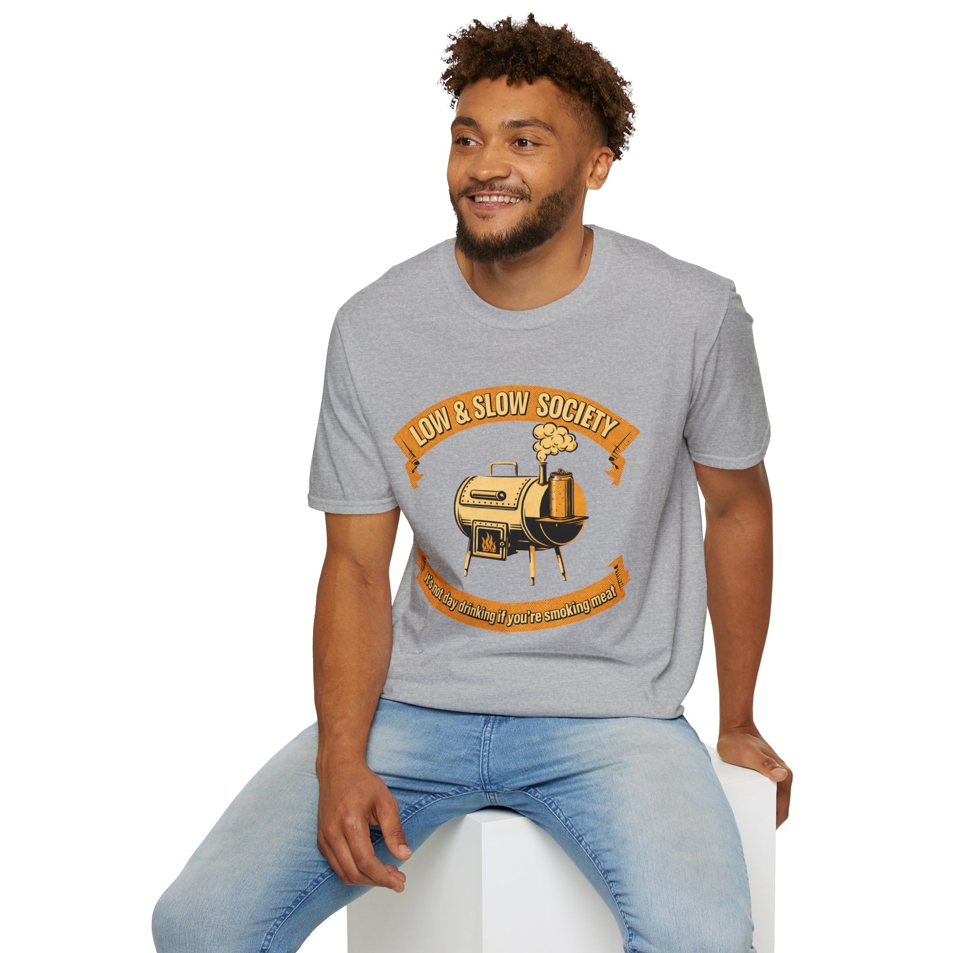 Low & Slow Society Shirt, Sport Grey, worn by a model seated on a white block