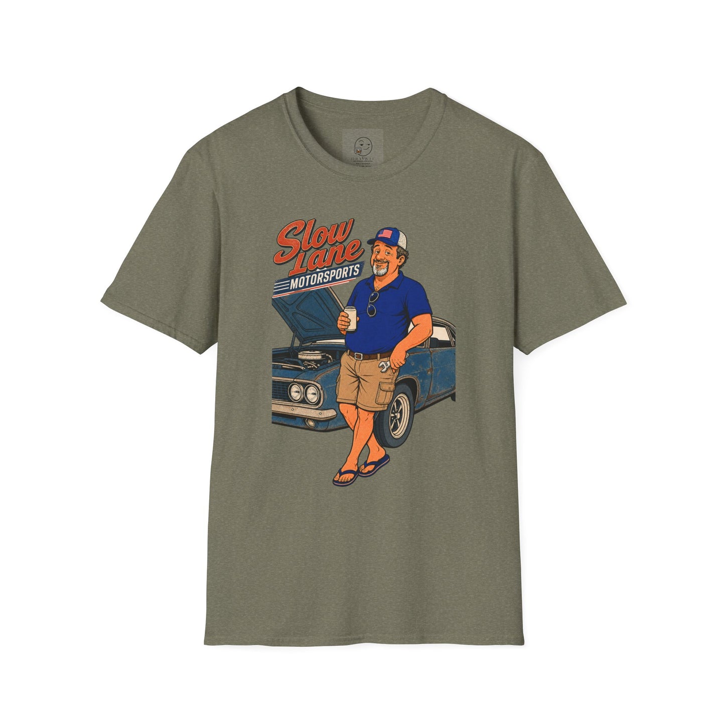 Retro garage-style t-shirt graphic of the Dry Wit dad mascot beside a classic muscle car holding a beer, text reading Slow Lane Motorsports