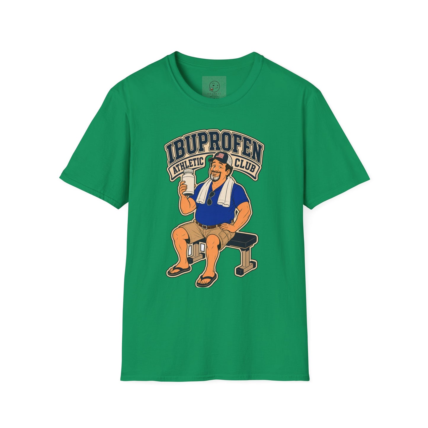 Retro collegiate-style t-shirt graphic of the Dry Wit dad mascot in workout gear, text reading Ibuprofen Athletic Club