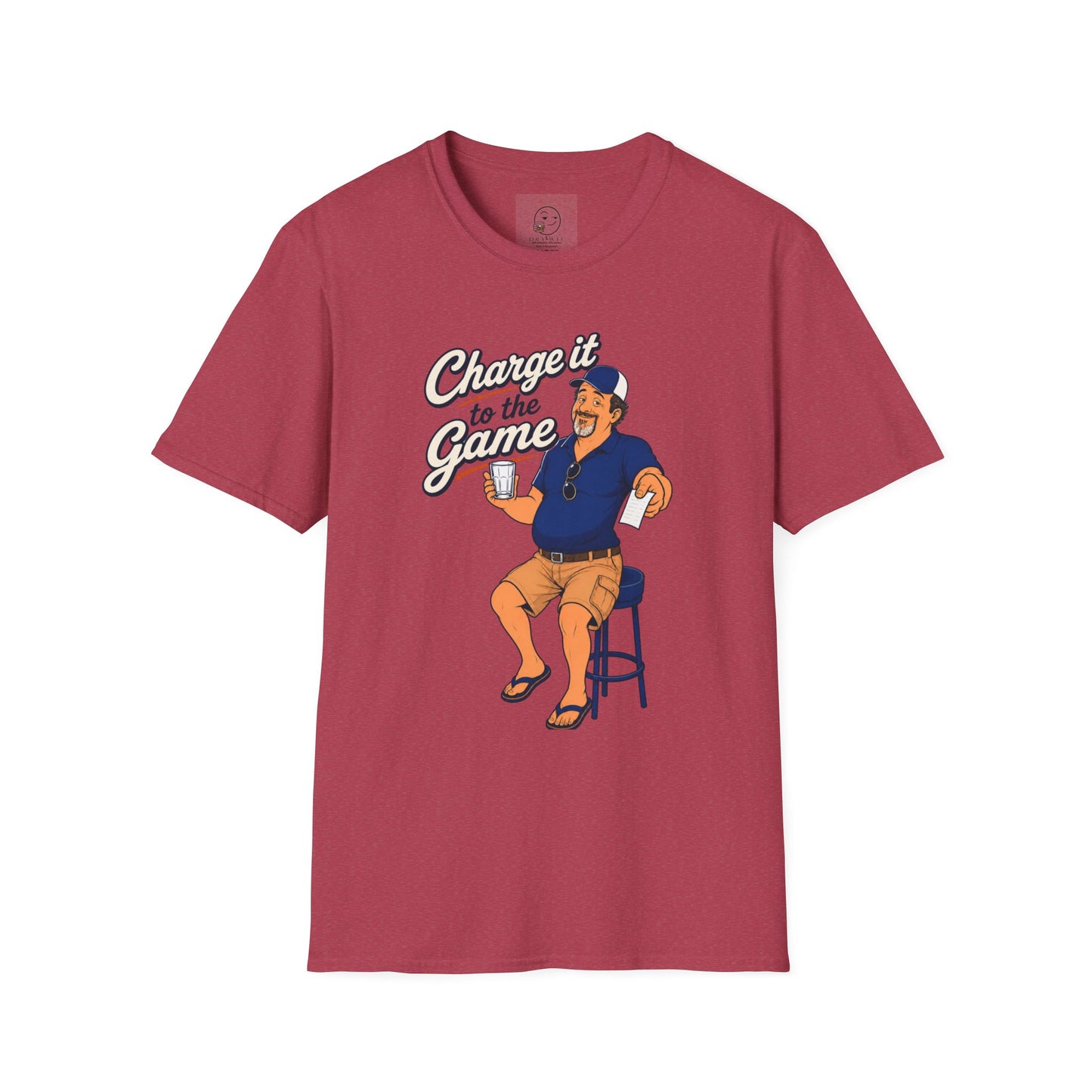 Retro cartoon t-shirt graphic of the Dry Wit dad mascot holding a bar tab at a sports bar, text reading Charge It To The Game