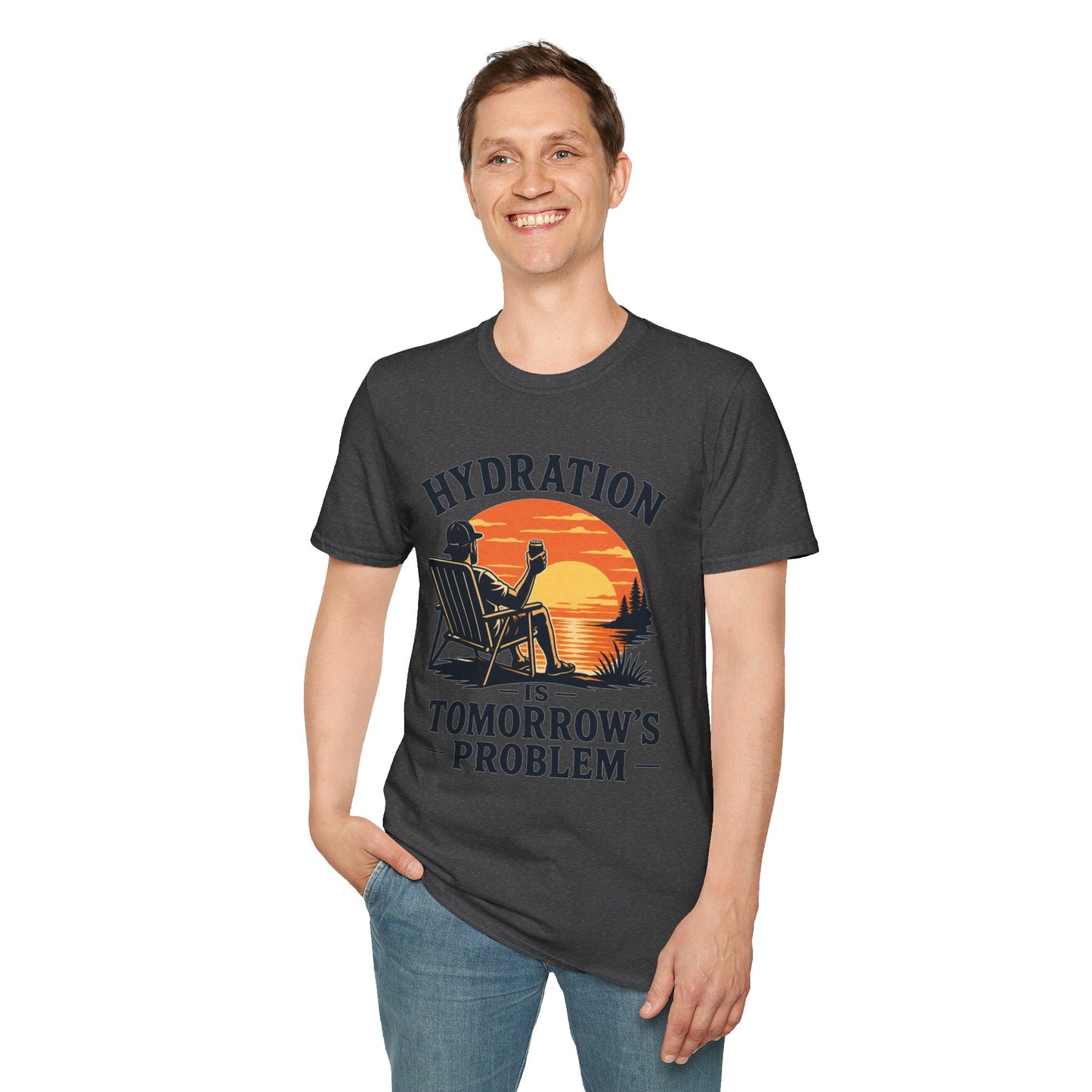 Hydration Is Tomorrow's Problem Shirt, Dark Heather charcoal, worn by a standing model with one hand in their pocket
