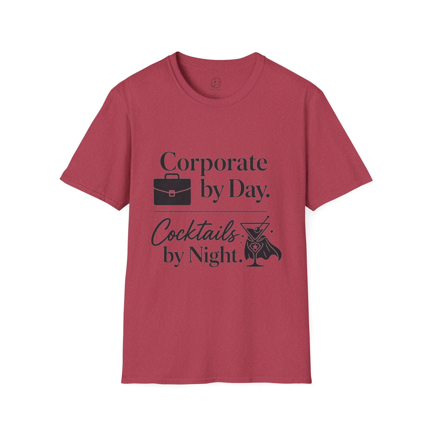 Corporate by Day, Cocktails by Night Shirt, Heather Cardinal red, front flat lay