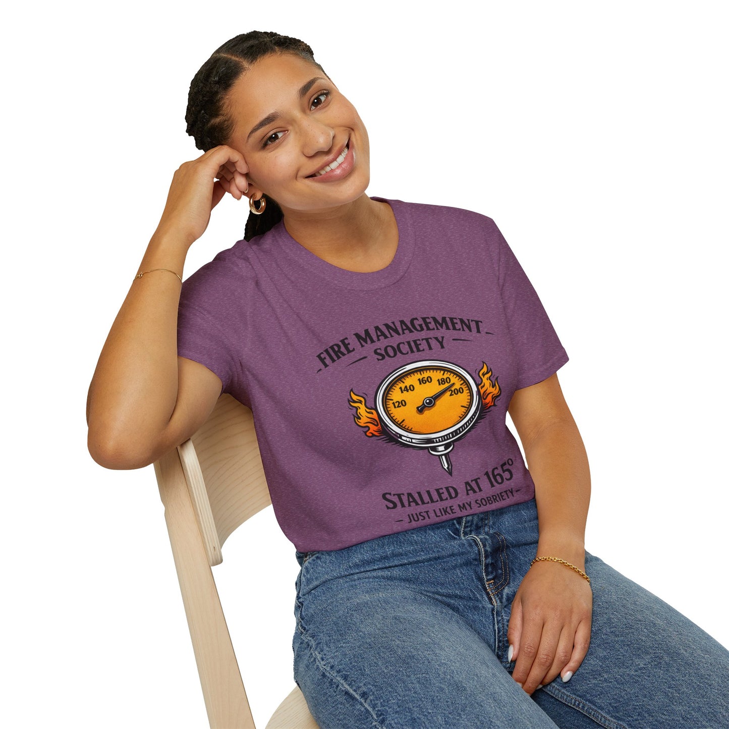 Fire Management Society Shirt, Heather Maroon plum, worn by a model seated on a wooden chair