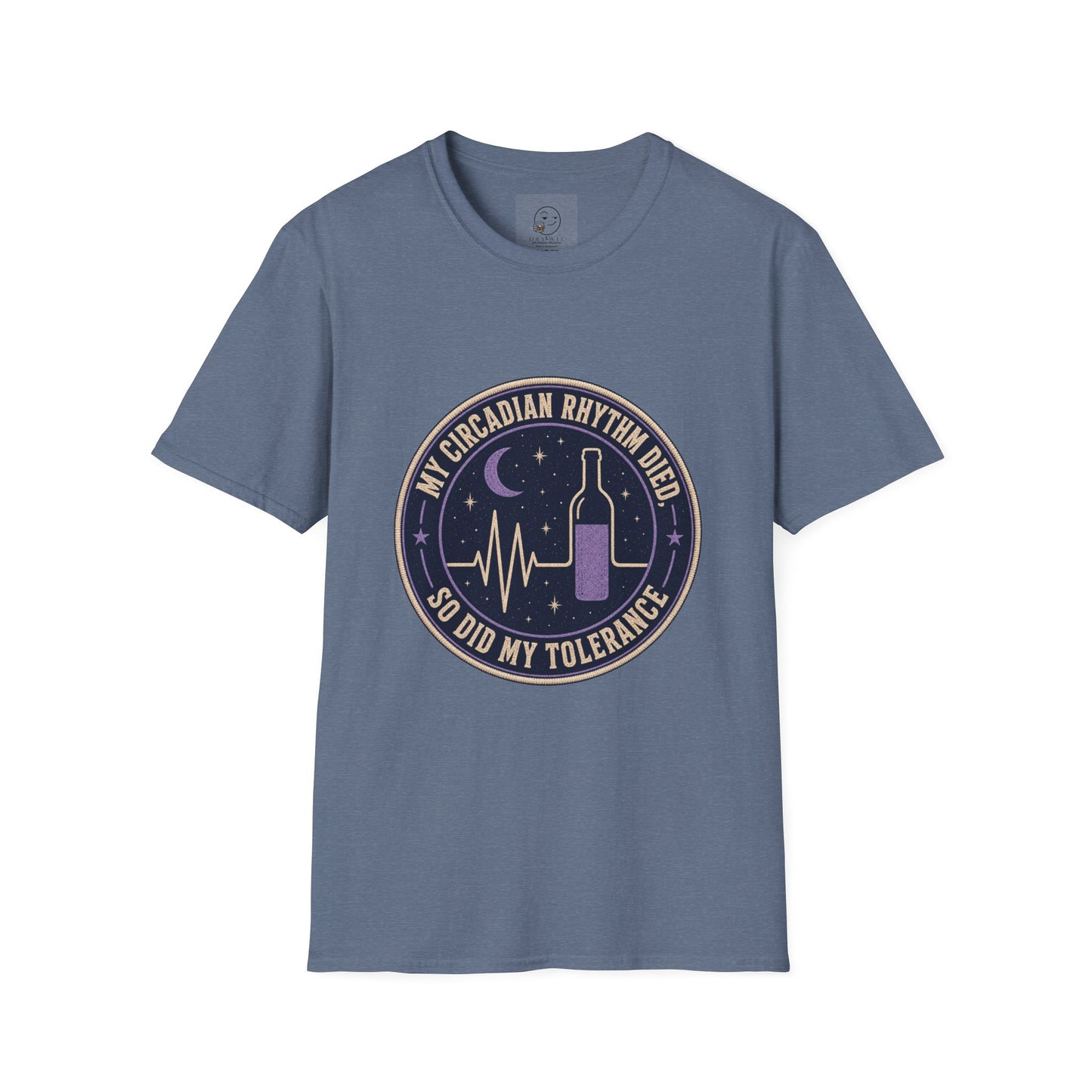 Circular vintage badge t-shirt graphic with a starry night sky background and a flatlined heartbeat line transitioning into a wine bottle silhouette, text reading My Circadian Rhythm Died, So Did My Tolerance