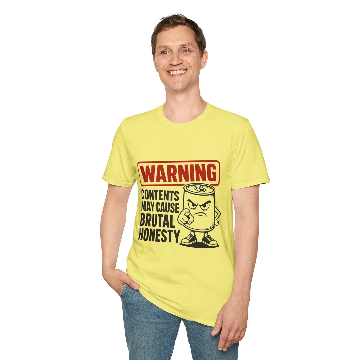 Warning: Contents May Cause Brutal Honesty Shirt, Cornsilk pale yellow, worn by a standing model with one hand in their pocket