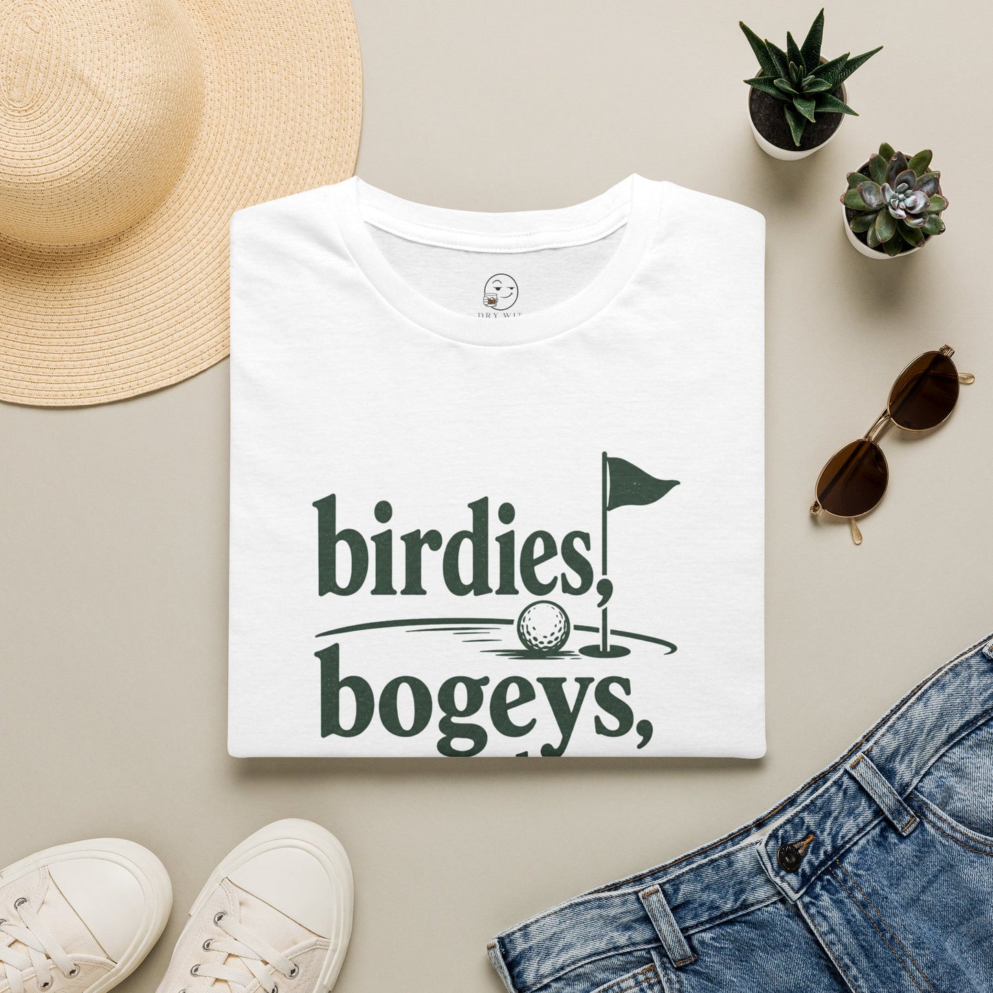 Birdies, Bogeys, and Bourbon Shirt, White, folded flat lay styled with a straw hat, sunglasses, sneakers and denim