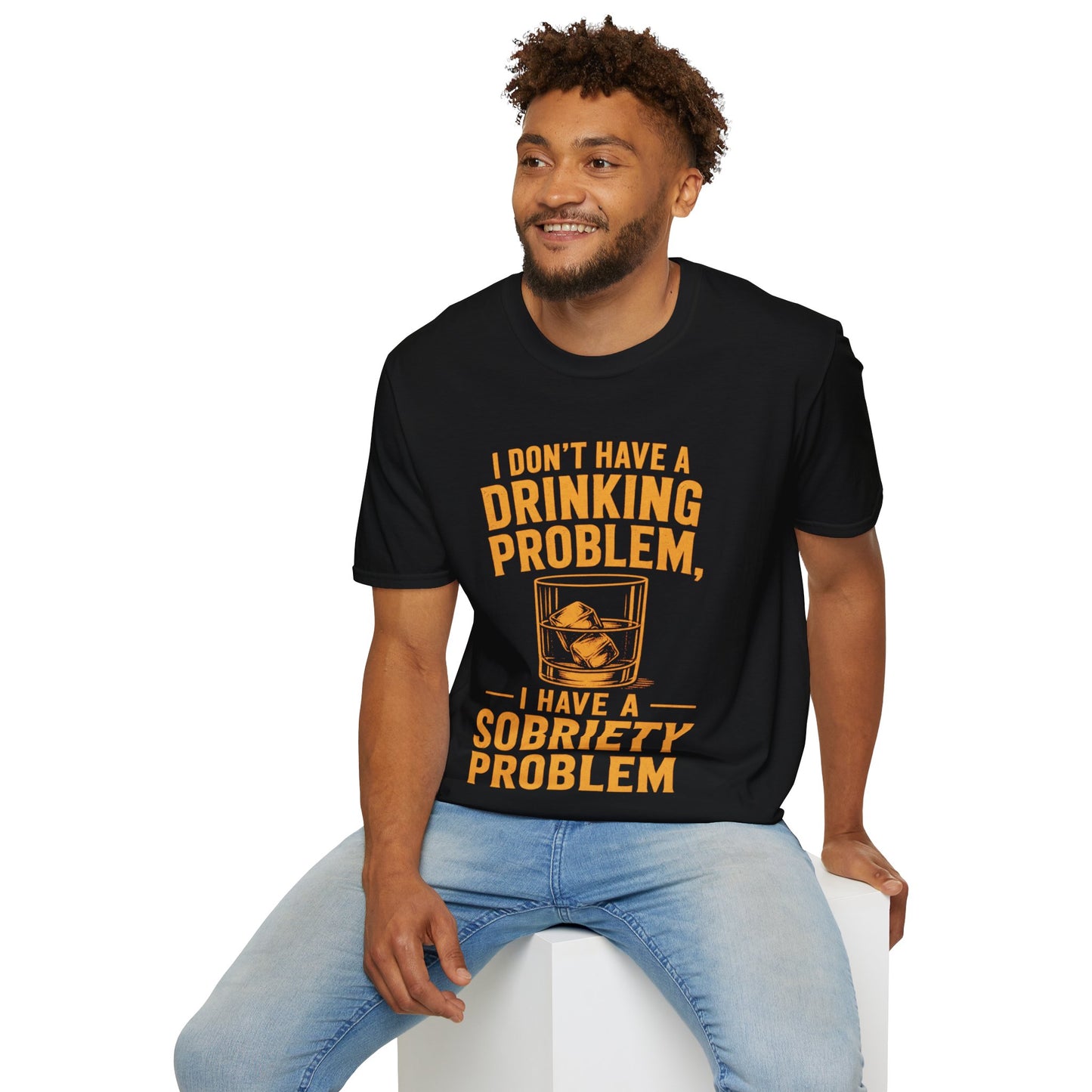 I Don't Have a Drinking Problem Shirt, Black, worn by a model seated on a white block