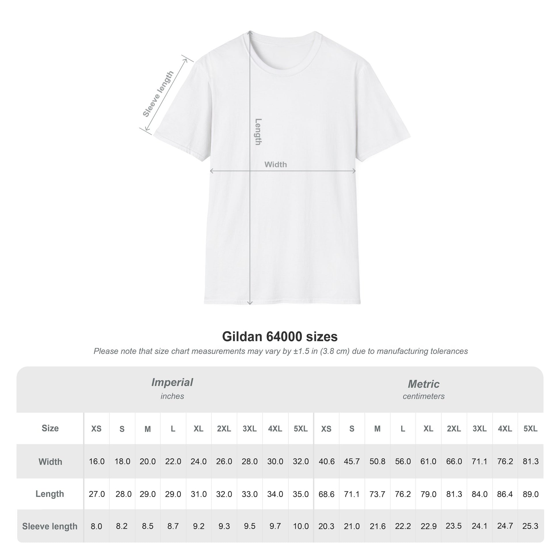 Gildan 64000 unisex t-shirt size chart for the Backyard Brisket Co. Shirt, listing width, length and sleeve length in inches and centimeters for sizes XS through 5XL