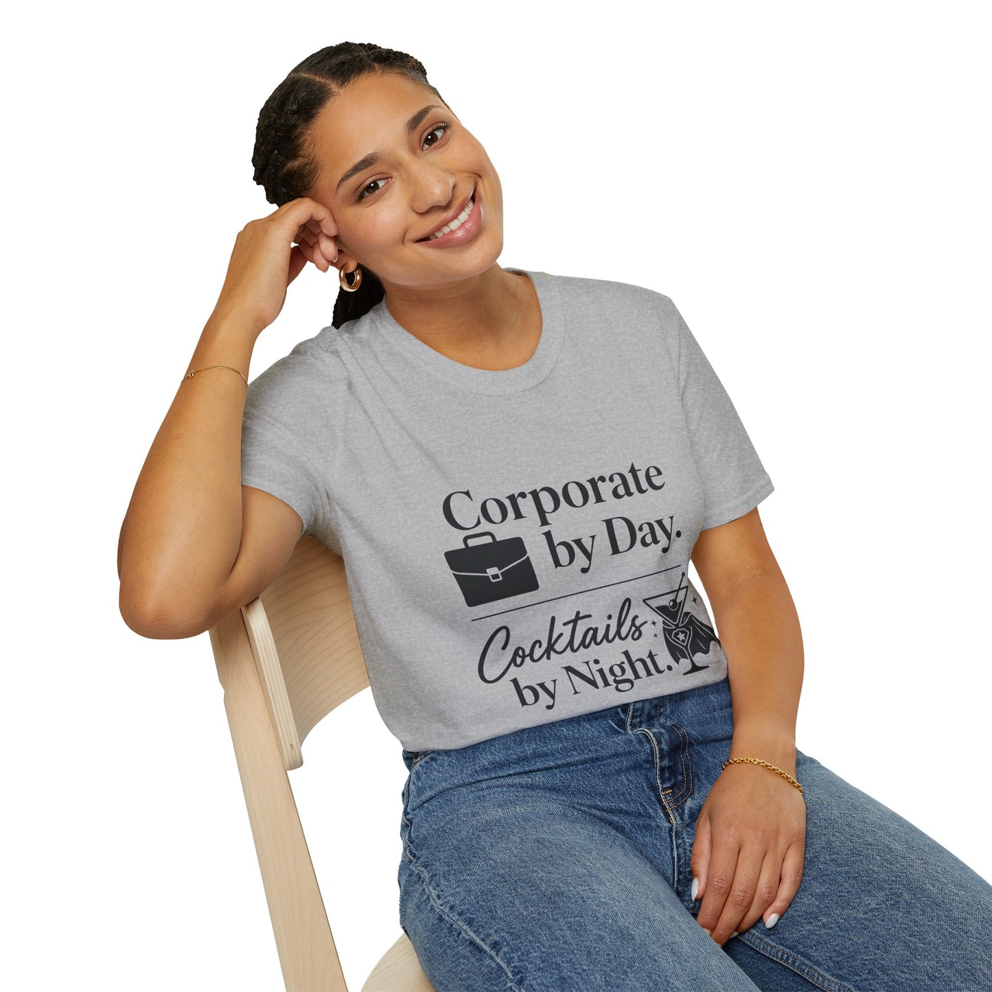 Corporate by Day, Cocktails by Night Shirt, Sport Grey, worn by a model seated on a wooden chair