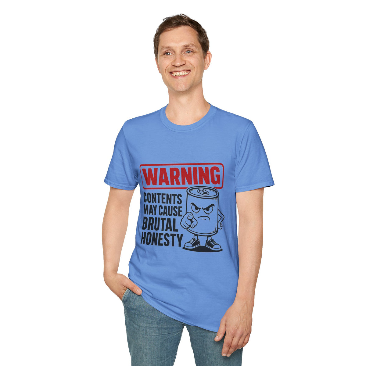Warning: Contents May Cause Brutal Honesty Shirt, Carolina Blue, worn by a standing model with one hand in their pocket