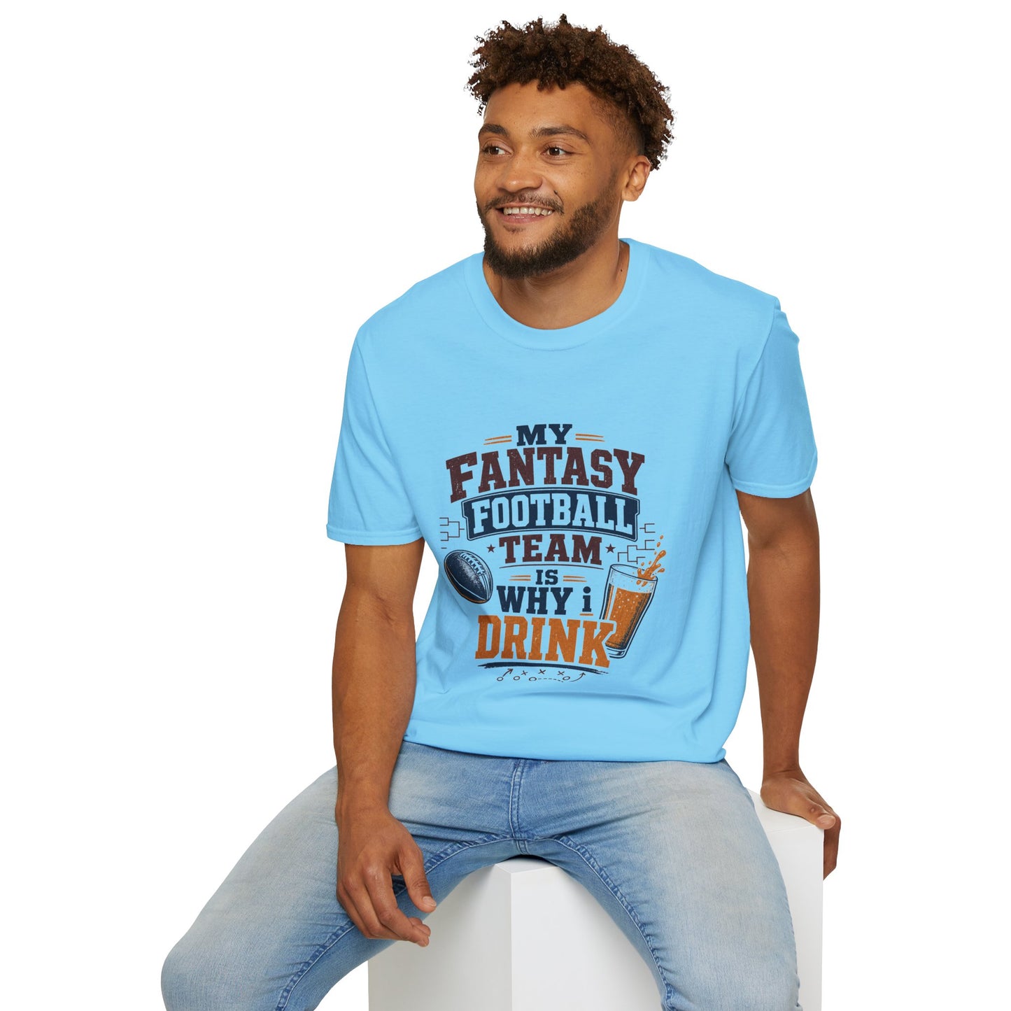 T-shirt design with maroon and navy text reading My Fantasy Football Team Is Why I Drink, football, tournament bracket, and pouring beer glass graphics